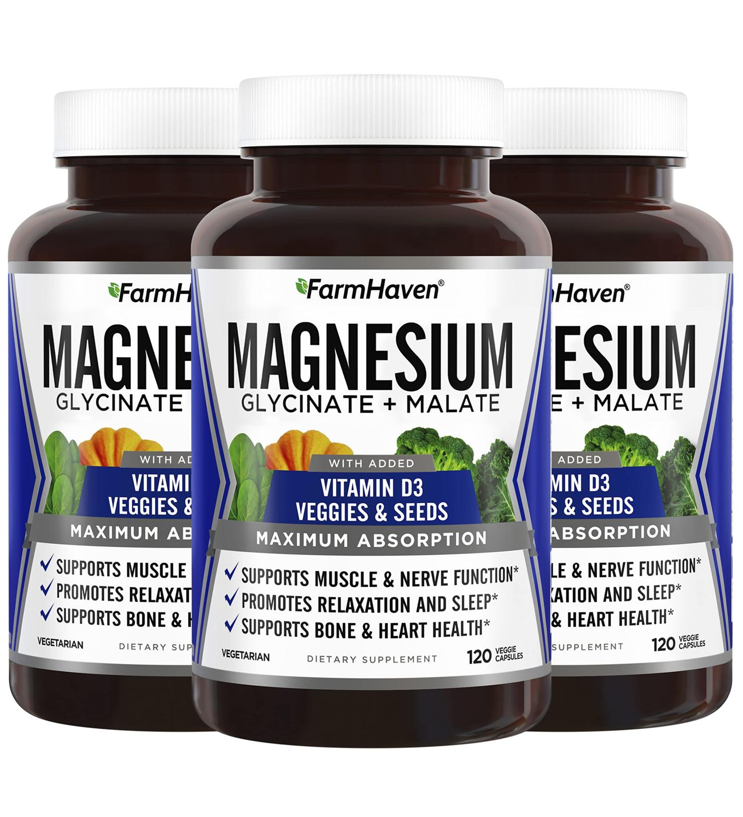 FarmHaven Magnesium Glycinate & Malate Complex with Vitamin D3 - 360 Capsules for Bone Health & Muscle Support | Vegan & 100% Chelated for Max Absorption | 180-Day Supply - Buy Online on GoSupps.com