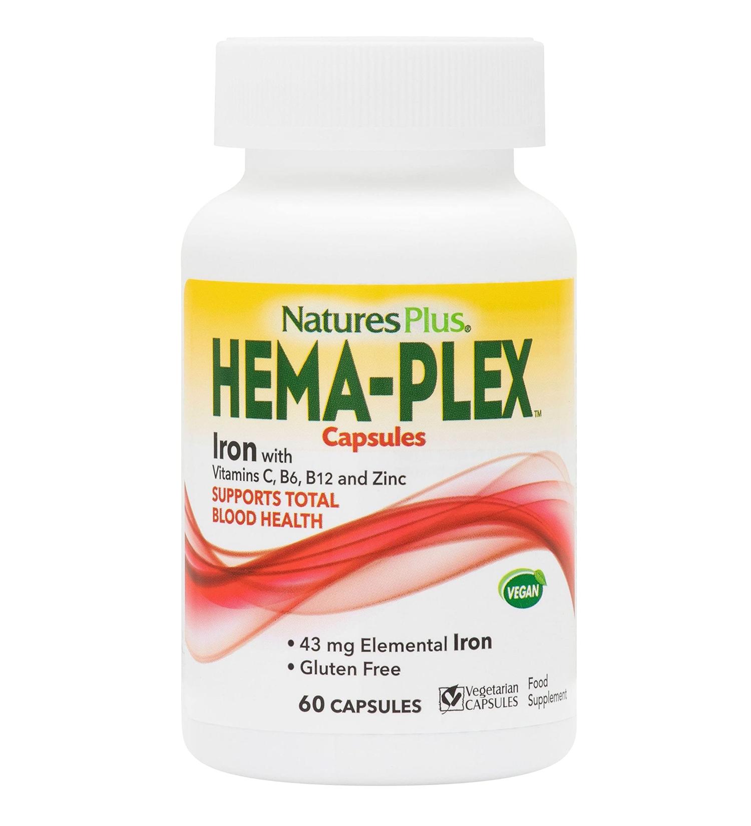 NaturesPlus Hema-Plex Iron Capsules - 60 Fast-Acting Vegetarian Capsules - 85mg Chelated Iron for Total Blood Health - With Vitamin C & Bioflavonoids - Vegan & Gluten-Free - Buy Online on GoSupps.com