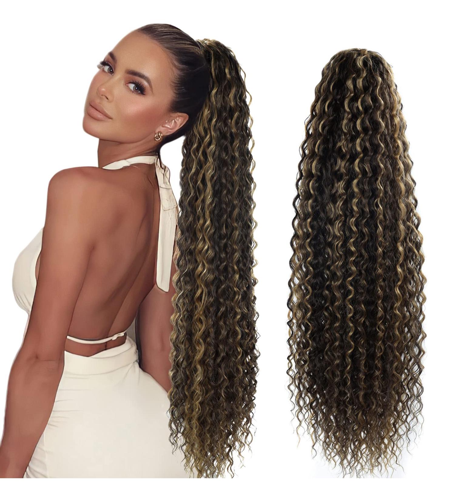 30-Inch Thick Curly Drawstring Ponytail Extensions - Chocolate Brown & Honey Blonde Highlights - Buy Online on GoSupps.com