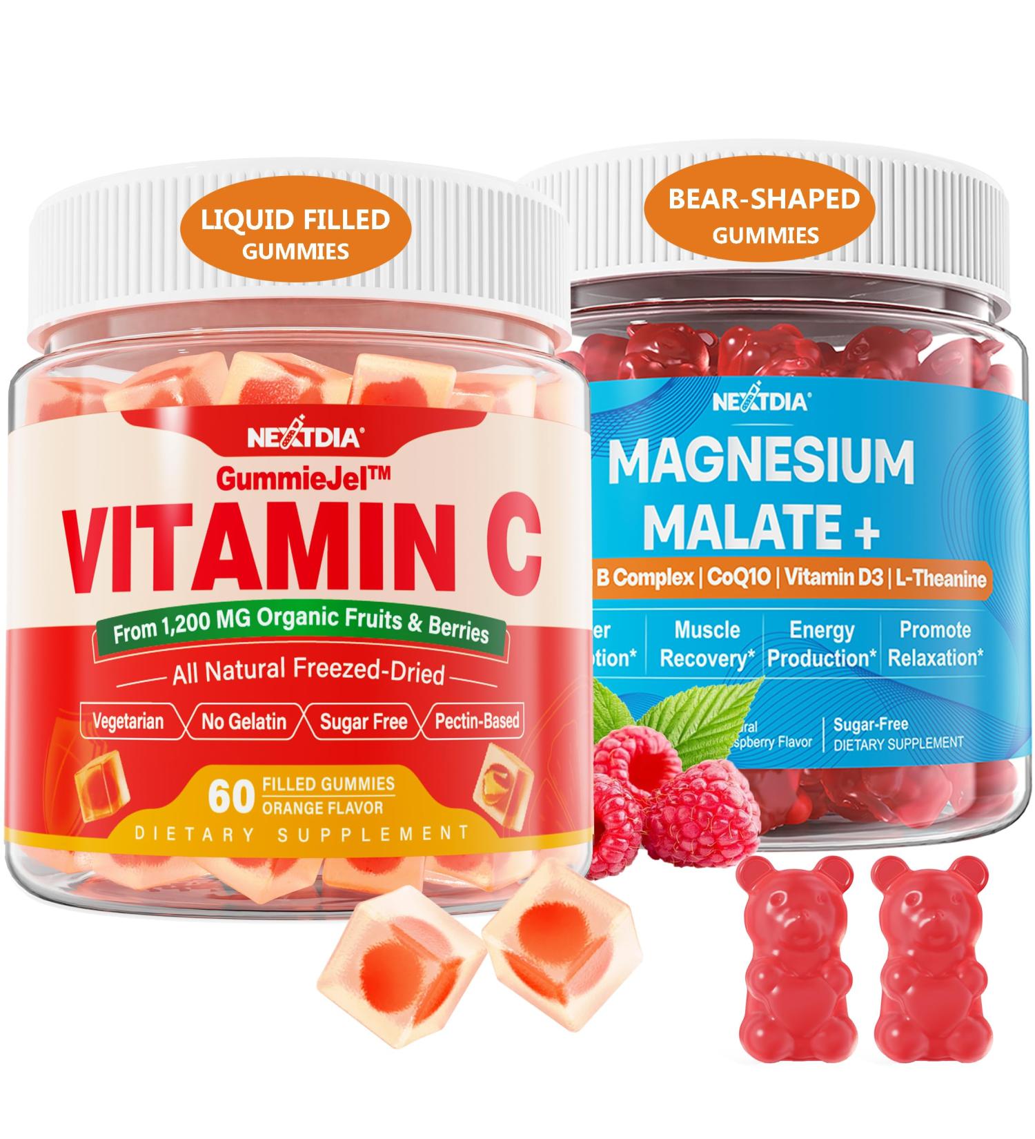 Nextdia 1Pack Whole Food Vitamin C Liquid Filled Gummies + 2Pack Magnesium Malate with CoQ10-100mg Gummies - Buy Online on GoSupps.com