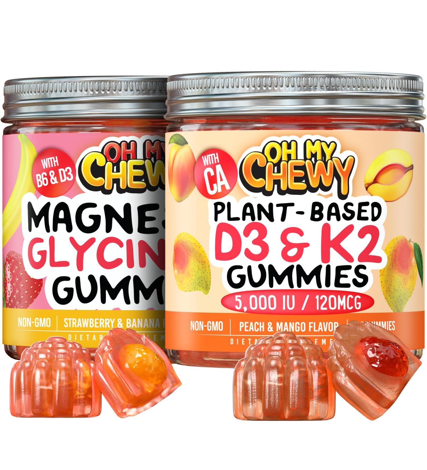 OH MY CHEWY Magnesium + D3K2 Gummies Bundle 2 Bottles (60 Each) Strawberry Banana & Peach Mango - Buy Online on GoSupps.com