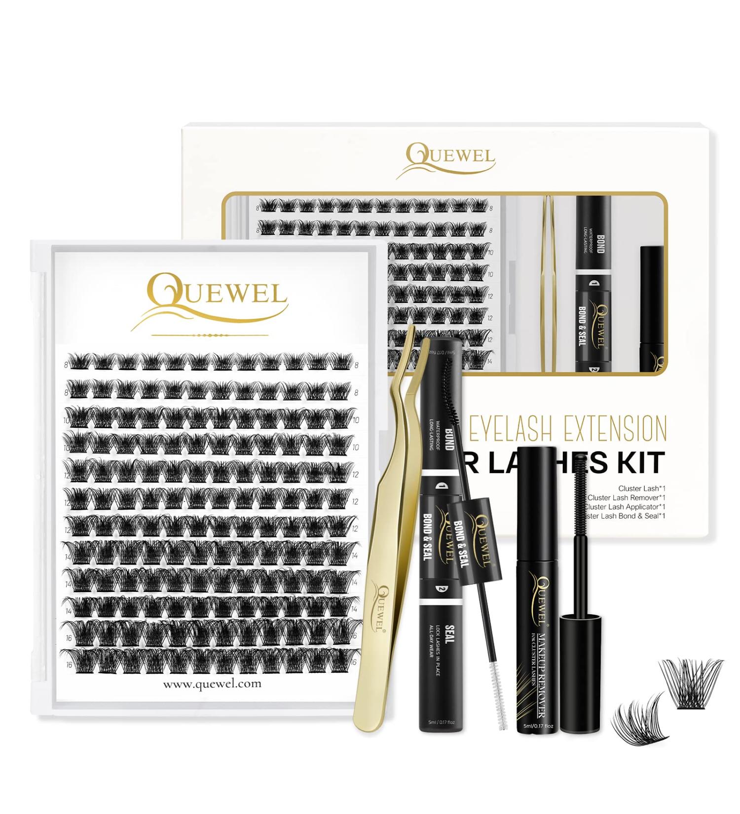 DIY Eyelash Extensions Kit QUEWEL 144 Pcs Lash Clusters Eyelash Clusters Golden Tweezer Cluster Lashes Bond and Seal Waterproof Clusters Lash Glue Remover for DIY Lash Extensions (QU-RR-DH-01) 1 Count (Pack of 1) DIY Lash Extensions Kit-RR01 - Buy Online on GoSupps.com