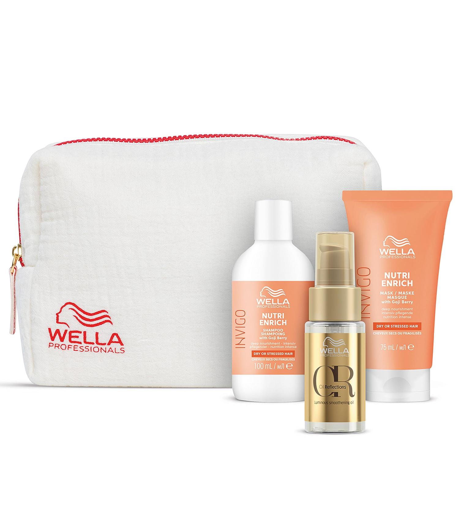 Wella Professionals Nutri Enrich Travel Set | Nourishing Shampoo Hair Mask & Oil for Stressed Hair - 100ml 75ml & 30ml + Cosmetic Bag - Buy Online on GoSupps.com