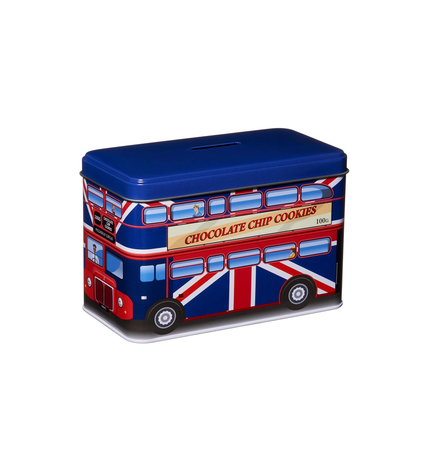 KEEP CALM and CARRY ON Union Jack Bus Money Box Tin Filled with Chocolate Chip Cookies 100 g