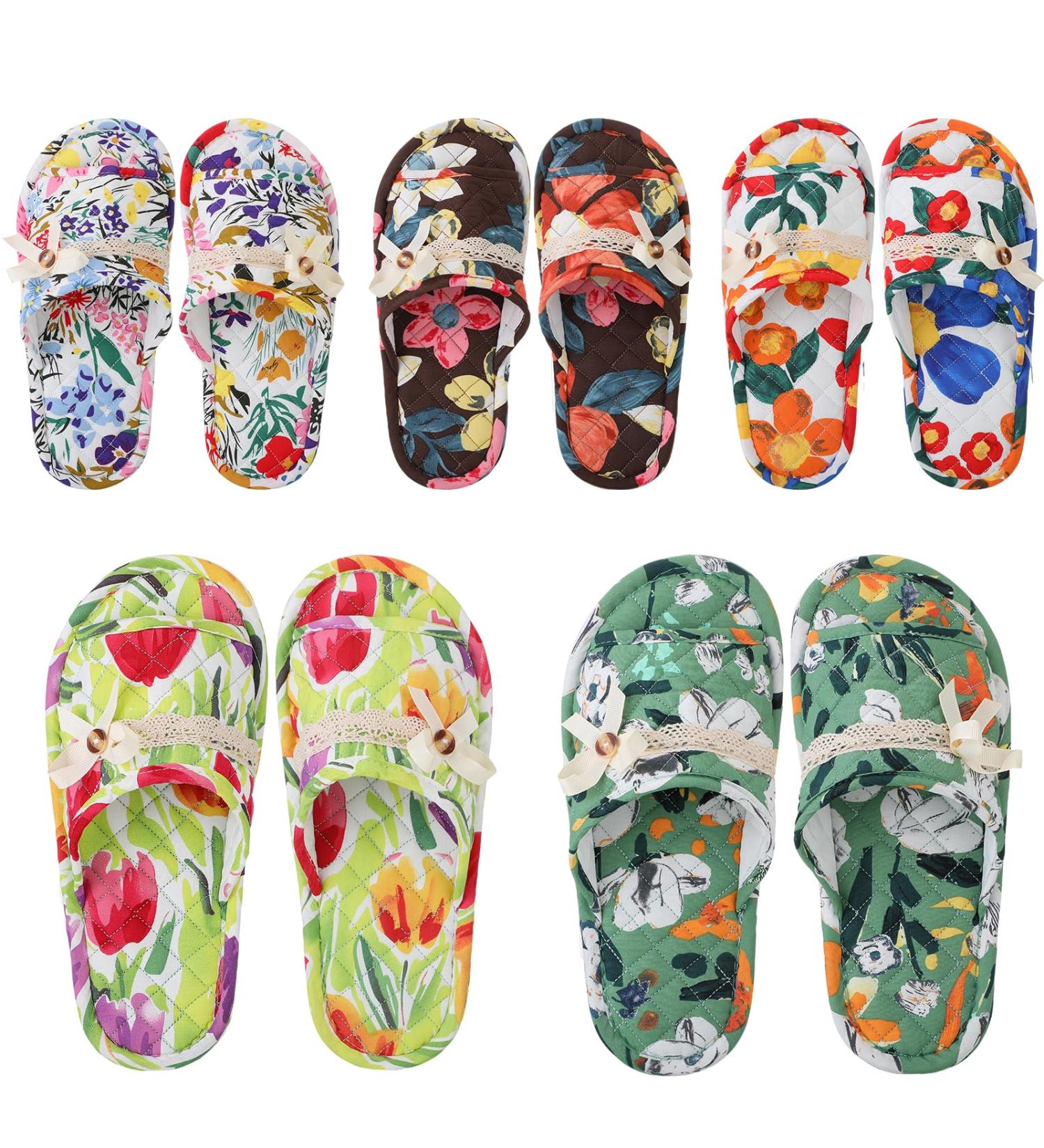 Chuarry 5 Pairs Floral Cotton House Slippers for Women - Soft Washable Non-Slip Indoor Spa Slippers for Hotel Travel & Home Comfort - Buy Online on GoSupps.com
