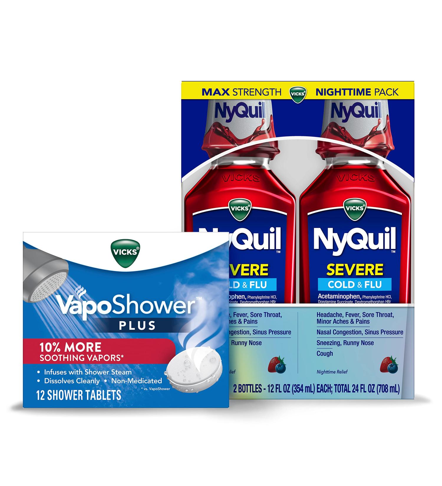 Vicks NyQuil Severe Nighttime Relief Bundle - Cough, Cold & Flu Relief + Vicks VapoShower Tablets - 12 FL OZ Bottles & 12 Tablets - Buy Online on GoSupps.com