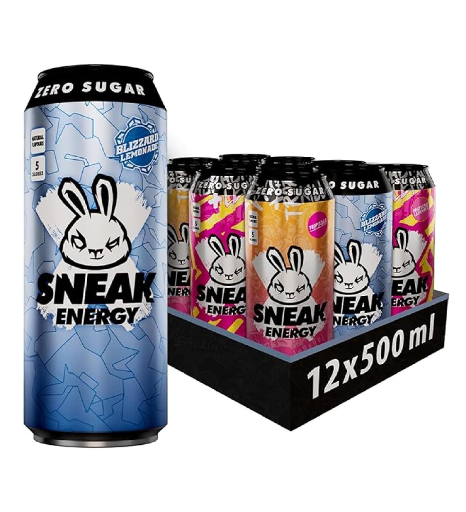 SNEAK | Cans Mixed Flavours with Blizzard Raspberry Lemonade & Tropikilla | Zero Sugar Low-Calorie Energy Drink for Sustained Concentration & Focus | 500ml x 12 - Buy Online on GoSupps.com