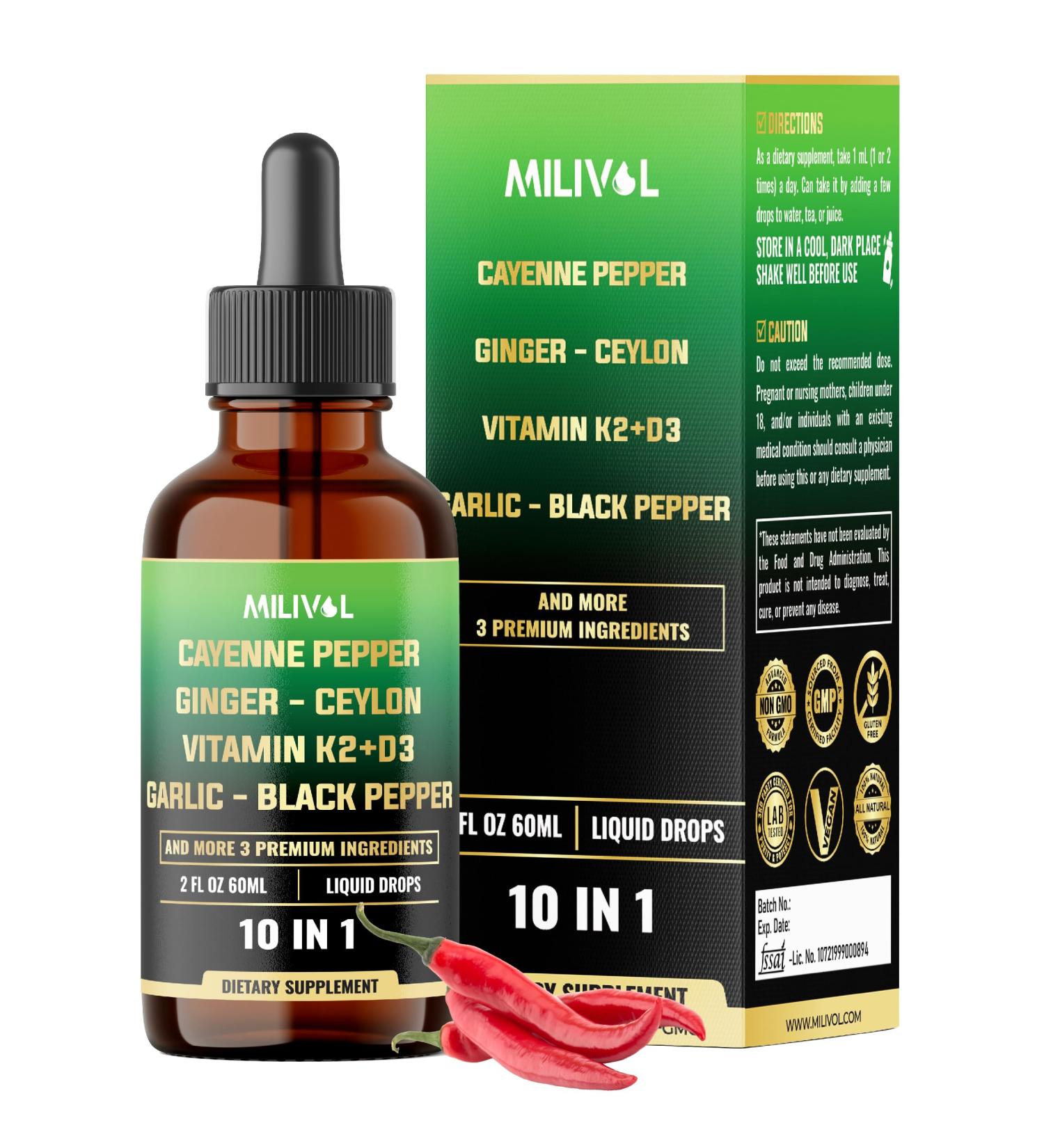 10in1 Cayenne Pepper Liquid Drops + Ginger, Ceylon Cinnamon, Vitamin D3, Vitamin K2, Garlic, Black Pepper and More - Digestion Support - 2 Fl Oz - 2 Months Supply 2 Fl Oz (Pack of 1) - Buy Online on GoSupps.com
