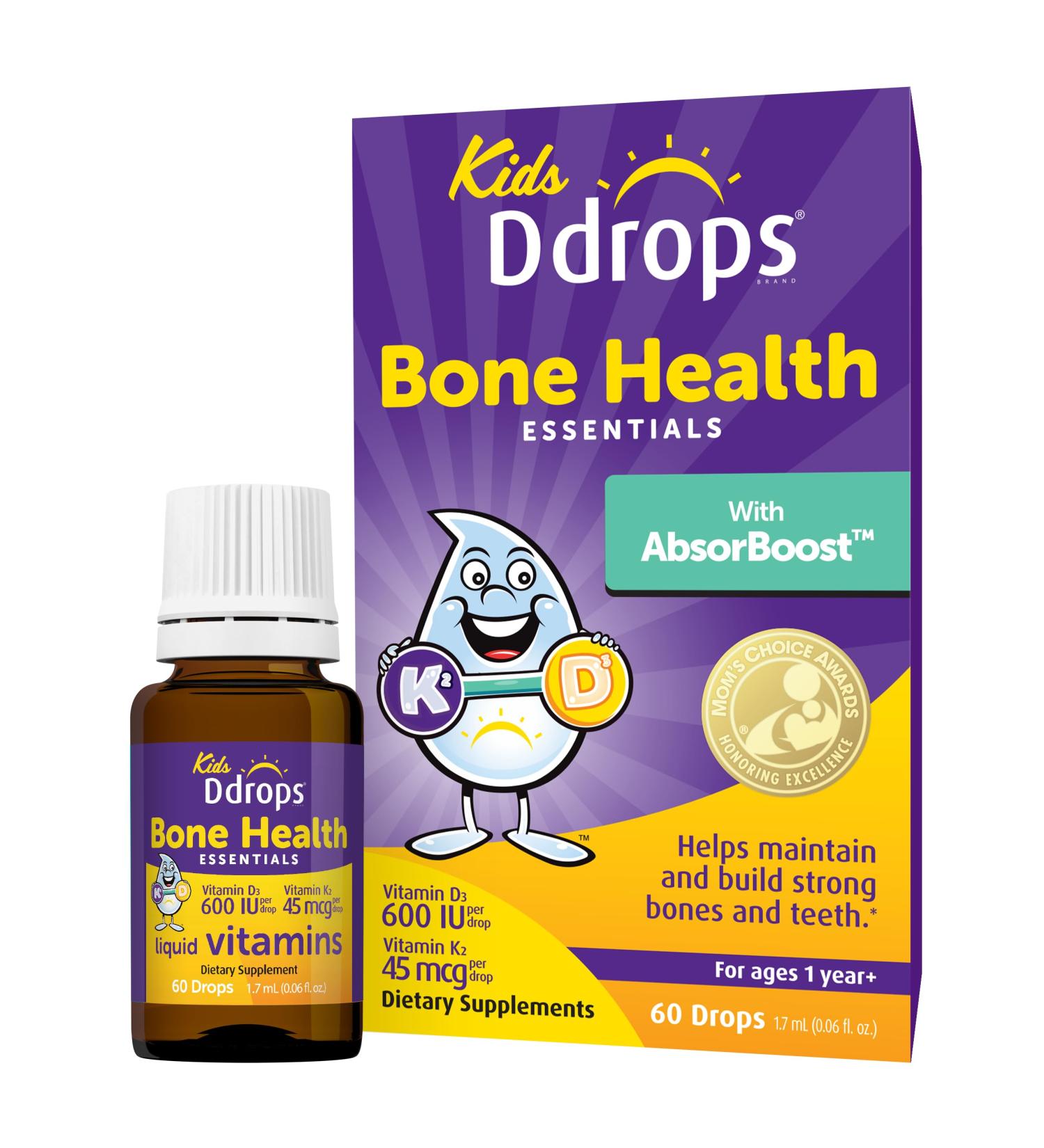 Ddrops Kids Bone Health 600 IU Vitamin D3 + 45 mcg K2-60 Drops - Helps Maintain and Build Strong Bones and Teeth. No Artificial Preservatives No Sugar Non-GMO Allergy-Friendly - Buy Online on GoSupps.com