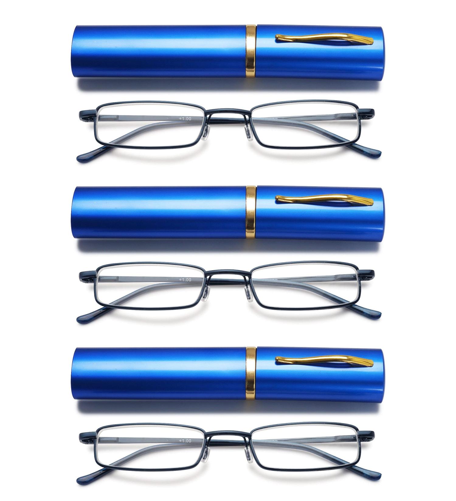 Vevesmundo Metal Reading Glasses - Compact Lightweight Spring Hinge Classic - 3 Piece Set Blue 2.0x - Perfect Reading Aid with Metal Etui - Buy Online on GoSupps.com