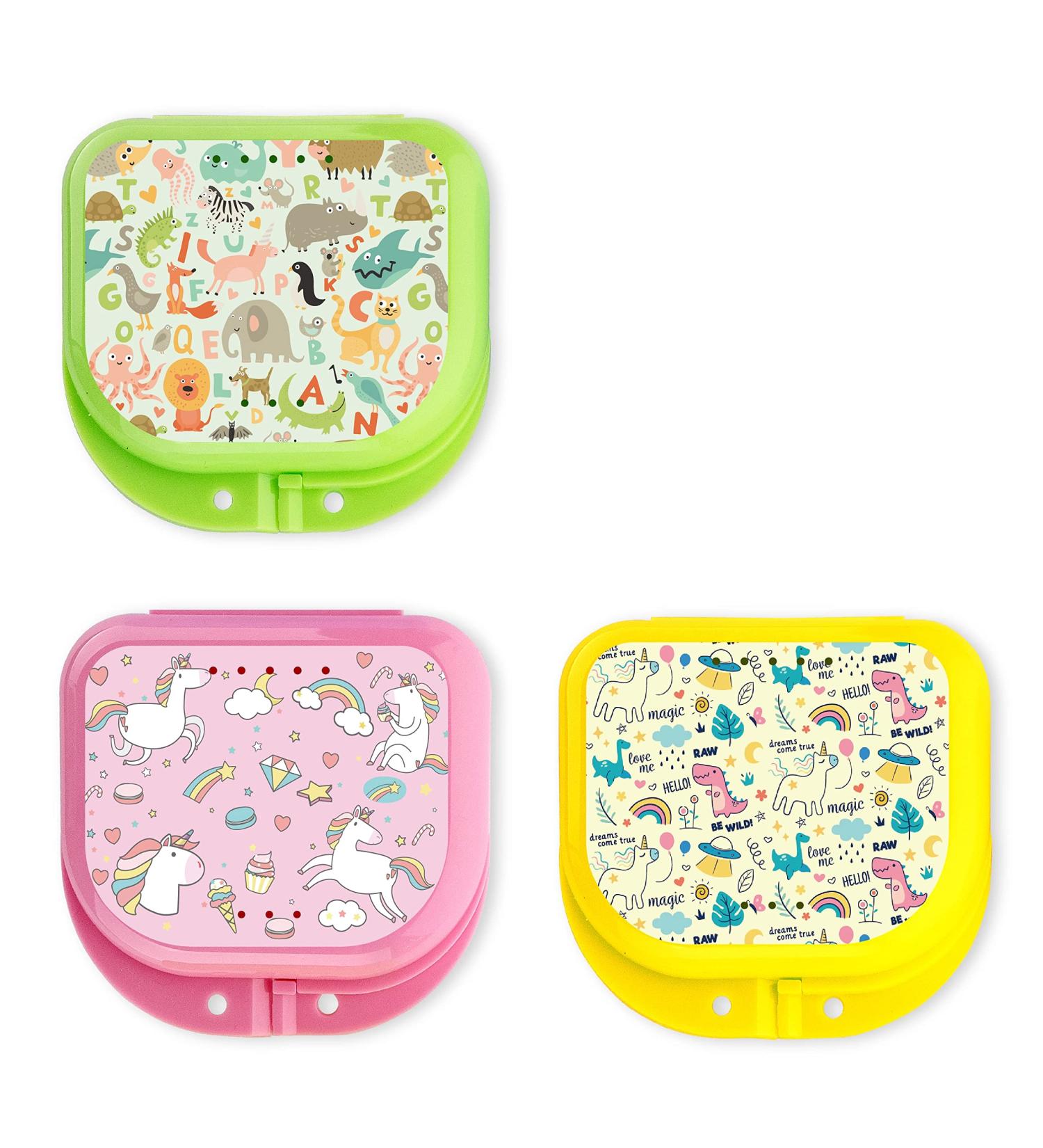 Cute Retainer Holder Case 3 Pack with Cartoon Animals, Dinosaurs & Unicorn Patterns (Green Yellow Pink) - Aligner & Night Guard Case - Buy Online on GoSupps.com