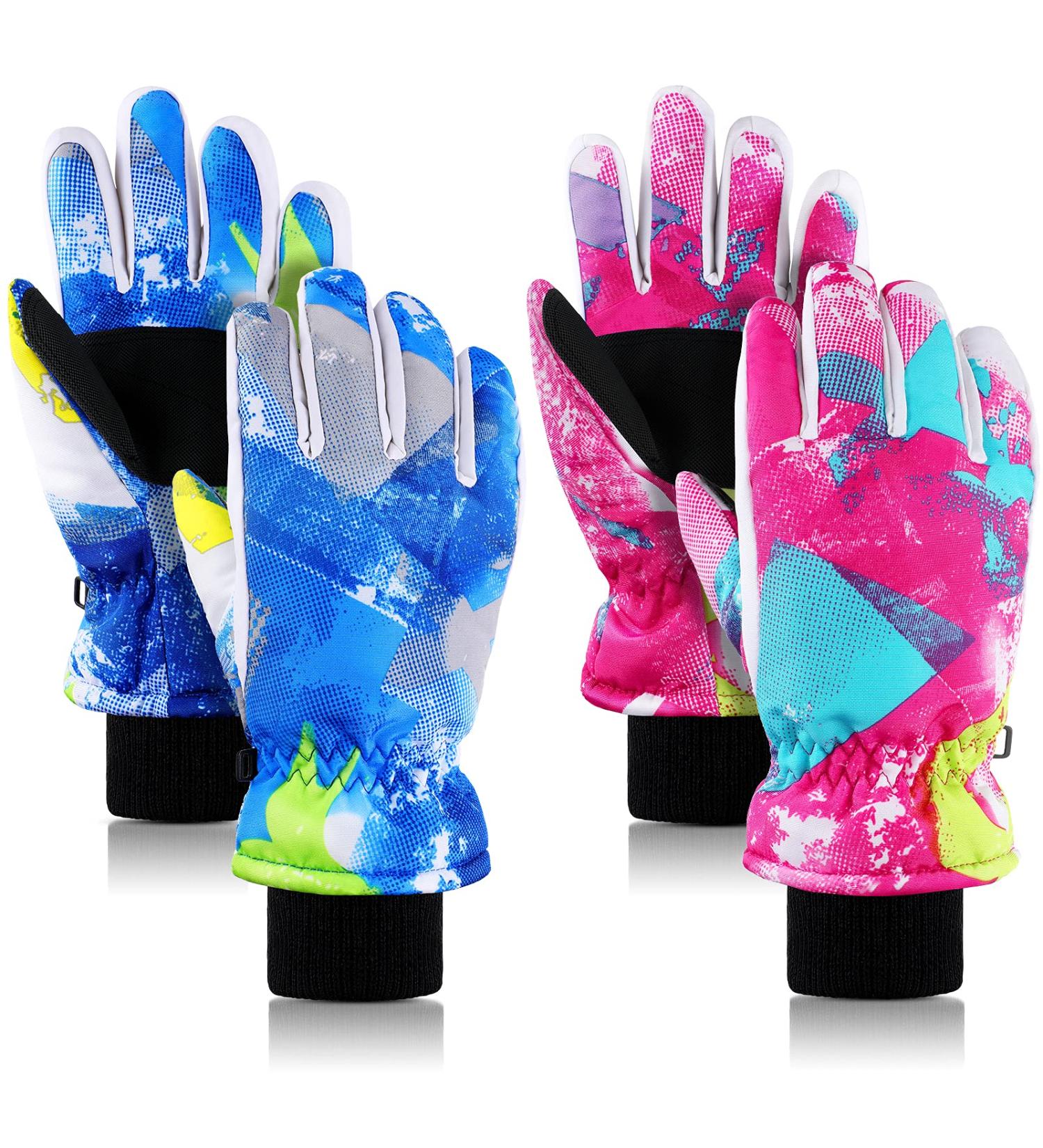 Kids Winter Snow Waterproof Ski Gloves - 2 Pairs Unisex Thermal Watercolor Gloves for Boys and Girls - Anti-Slip & Warm Cold Weather Gear - Buy Online on GoSupps.com