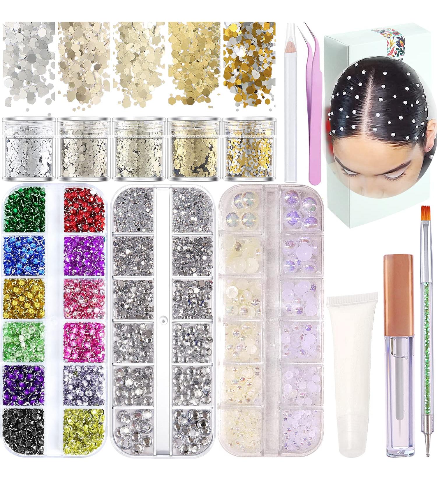 Face Hair Gems Rhinestone Set with Makeup Glue - Colorful Jewels Crystal Pearls Holographic Glitters Sequins Kit for Face, Eyes, Hair & Body Makeup - Buy Online on GoSupps.com