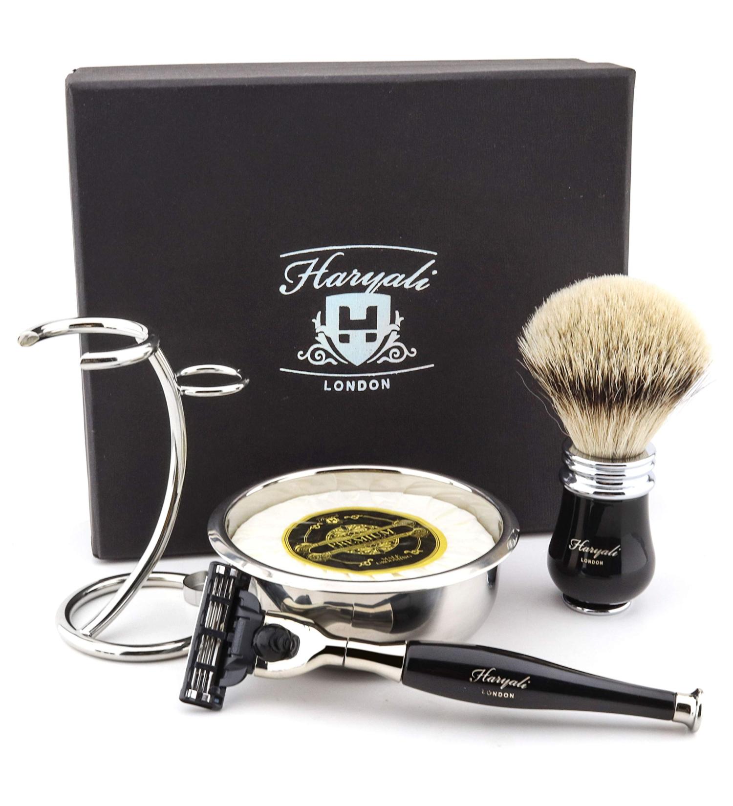 Haryali London Men's 3-Edge Shaving Set - Badger Hair Brush Stand Soap & Bowl | International Shipping Available - Buy Online on GoSupps.com