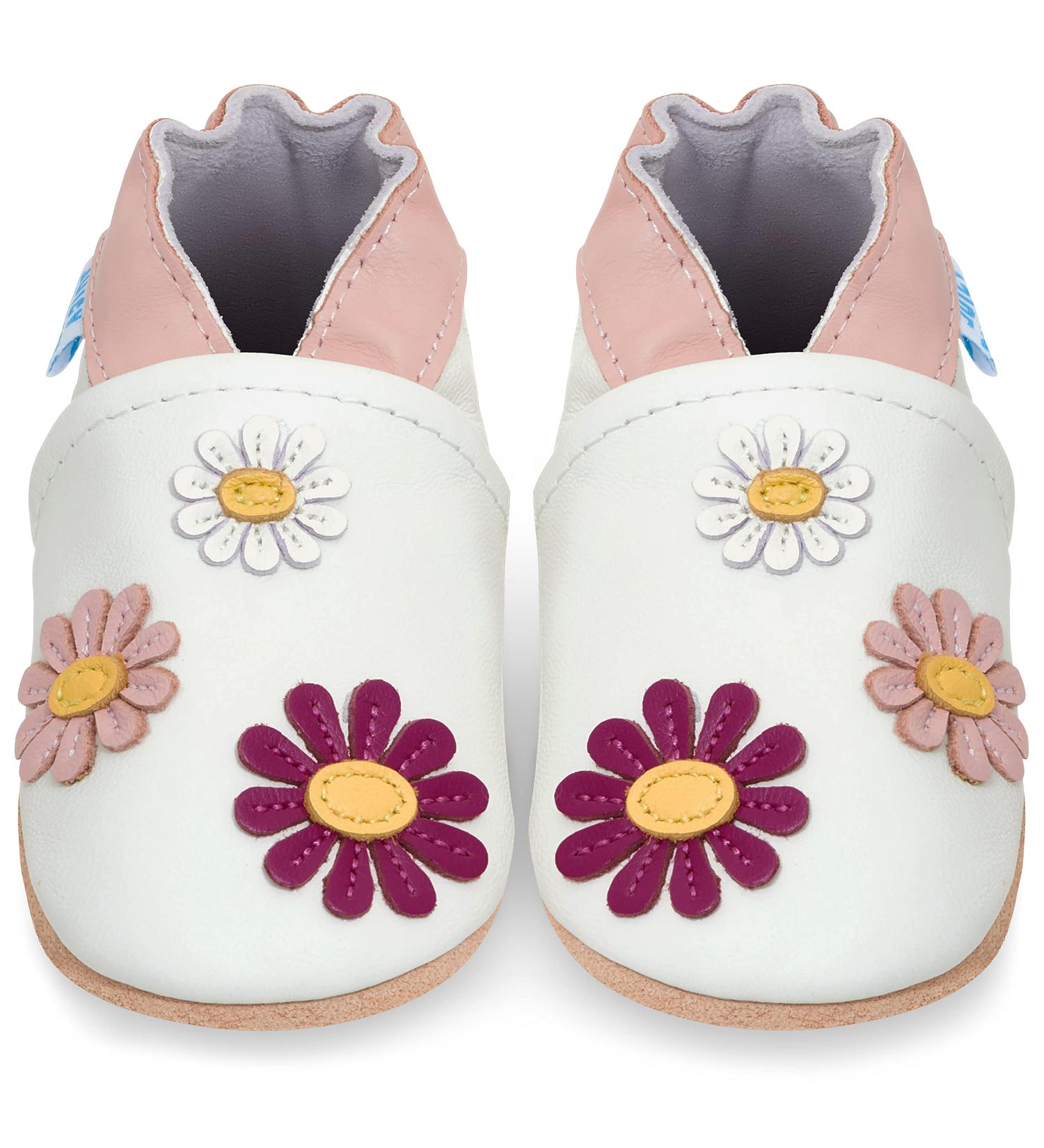 Leather Baby Shoes 12-18 Months - Soft Sole Toddler Shoes for Baby Girl and Boy - Daisies Design - Buy Online on GoSupps.com