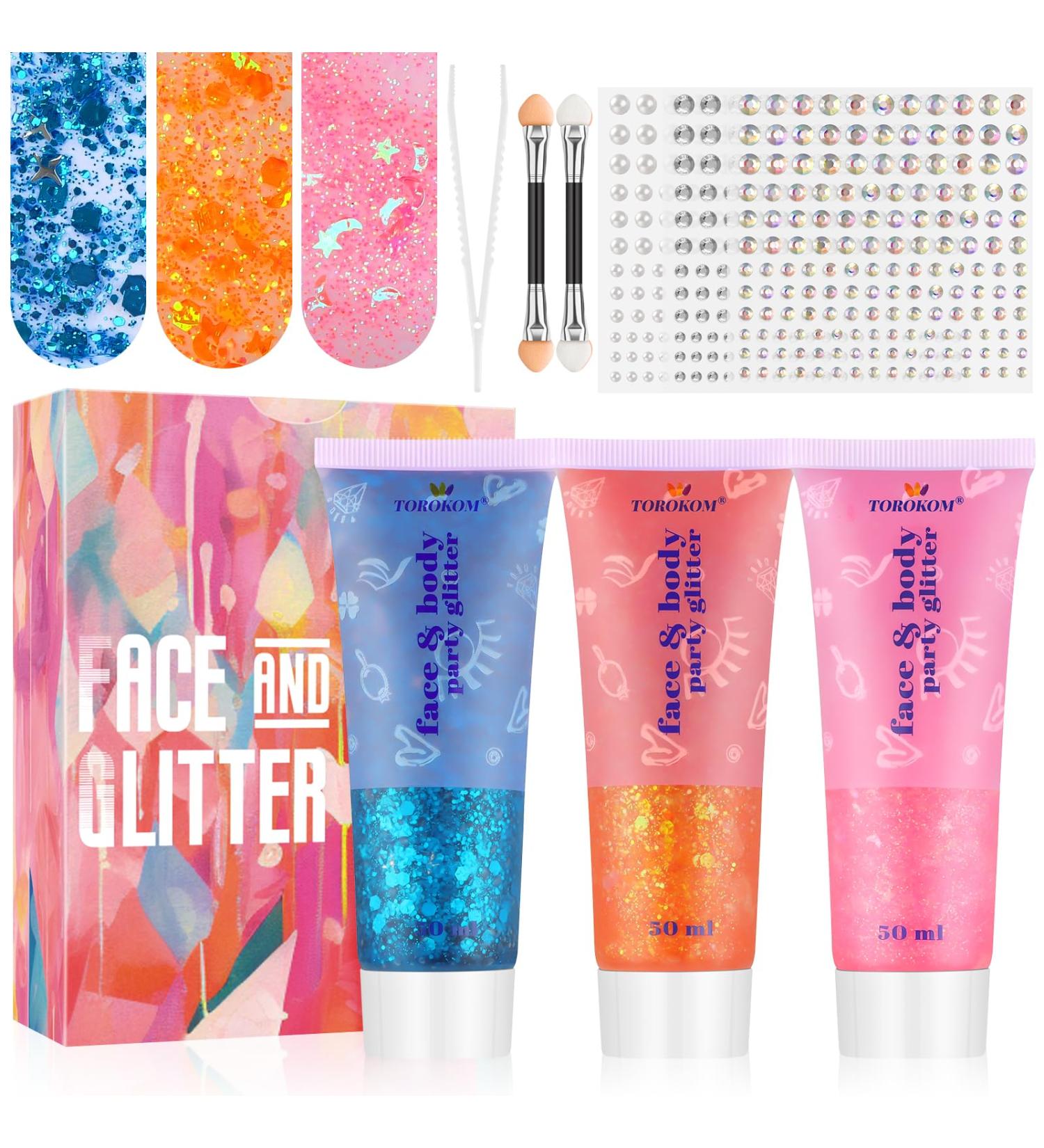EBANKU 3Pcs Face Glitter Gel Set - Mermaid Sequins Chunky Glitter Liquid with Brushes - Festival Party Makeup Decoration - Blue/Orange/Pink - Buy Online on GoSupps.com