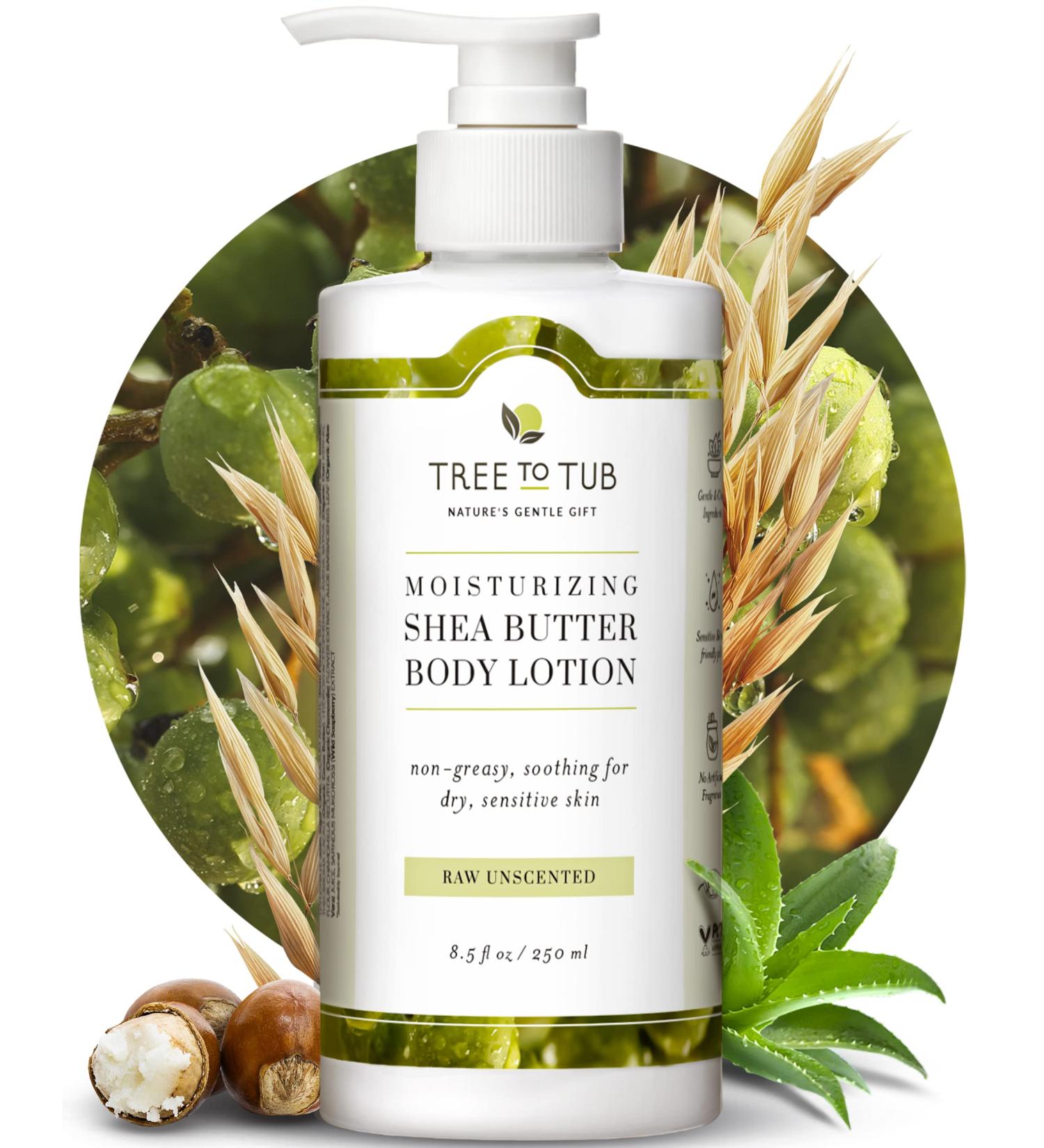 Tree to Tub Unscented Shea Butter Body Lotion - Vegan Moisturizer for Dry, Sensitive Skin - Organic Aloe Vera, Cocoa Butter, Oatmeal - 8.5 Fl Oz - Buy Online on GoSupps.com