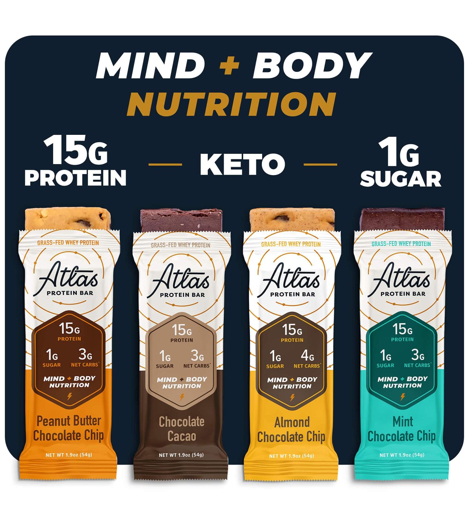 Atlas Mind + Body Keto Protein Bar - Chocolate Lovers Variety - Low Carb, High Fiber, Organic Ashwagandha - 10 Count Pack - Buy Online on GoSupps.com