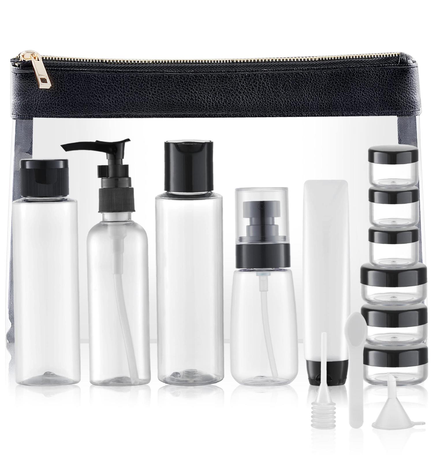 Toureal 15-Piece Empty Travel Bottles Set | Leather Travel Size Containers for Cosmetics (Max. 100ml) - Perfect for Airplane Use (Transparent) - Buy Online on GoSupps.com