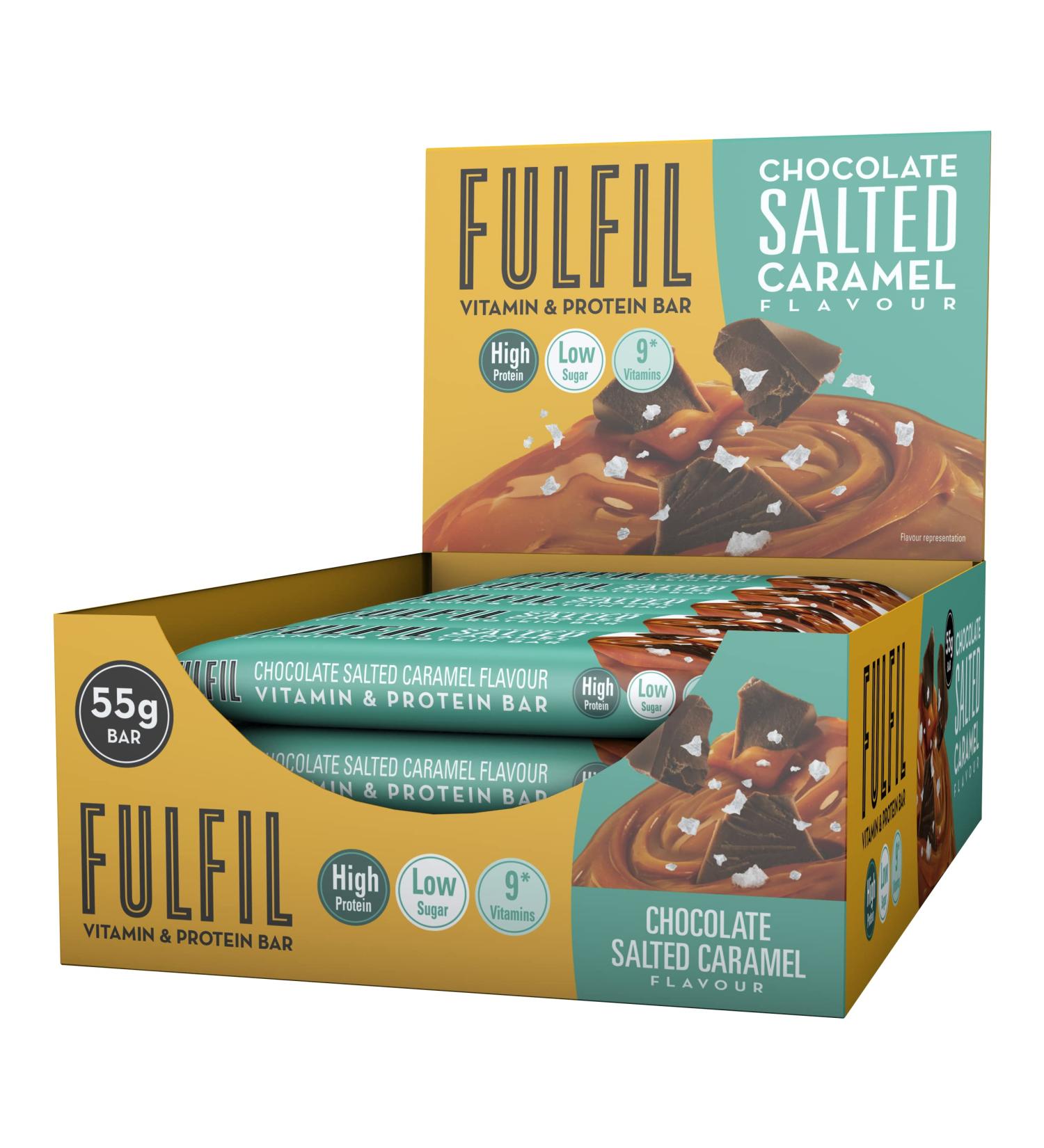 Fulfil Vitamin and Protein Bar (15 x 55 g Bars) Chocolate Salted Caramel Flavour 20 g High Protein 9 Vitamins Low Sugar Chocolate Salted Caramel Flavor 55g - Buy Online on GoSupps.com
