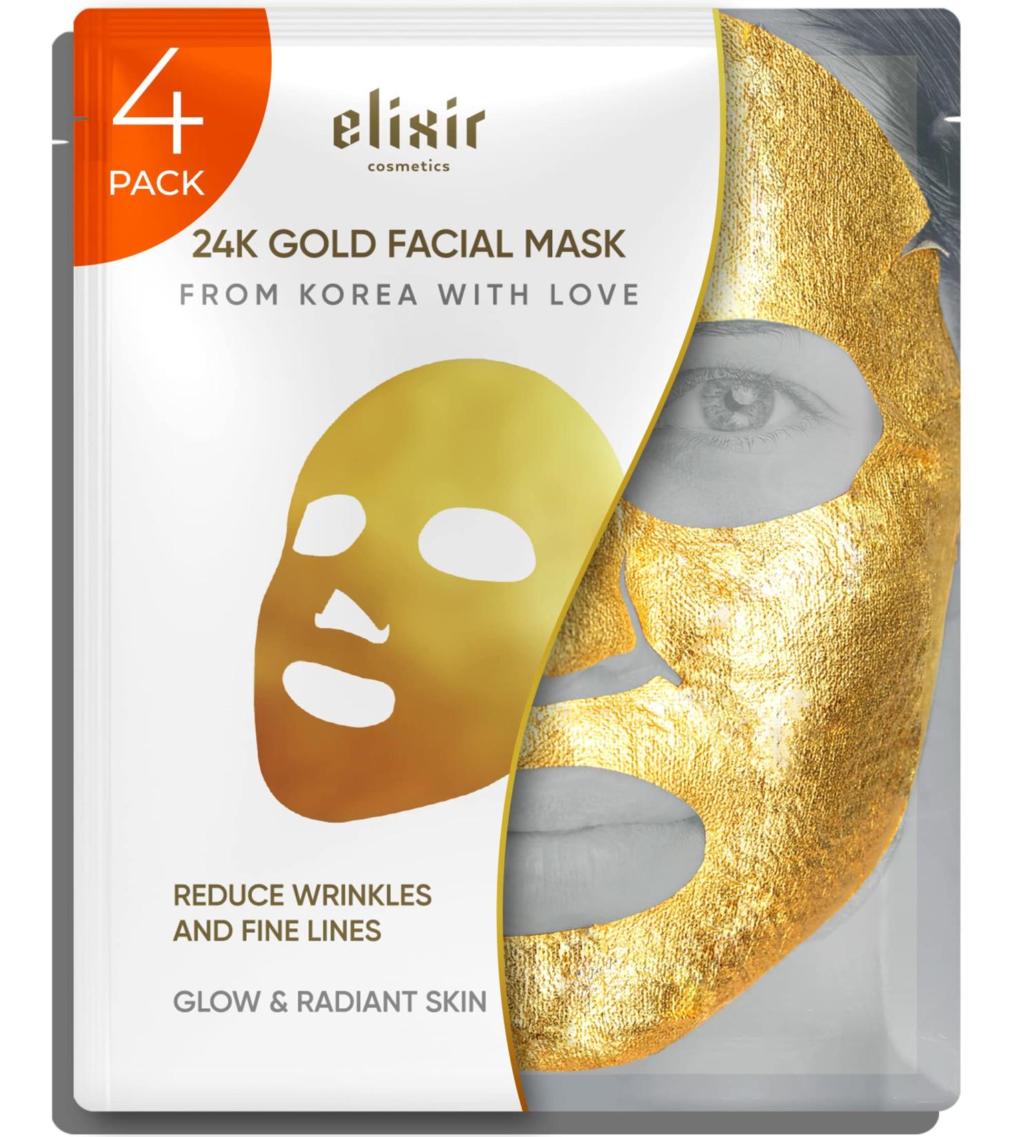 24K Gold Facial Masks for Women - Anti Aging Collagen Moisturizing Sheet Mask - Korean Skin Care for Sensitive Skin - Hydrating Mask to Reduce Fine Lines & Wrinkles by Elixir (4 Pack) - Buy Online on GoSupps.com