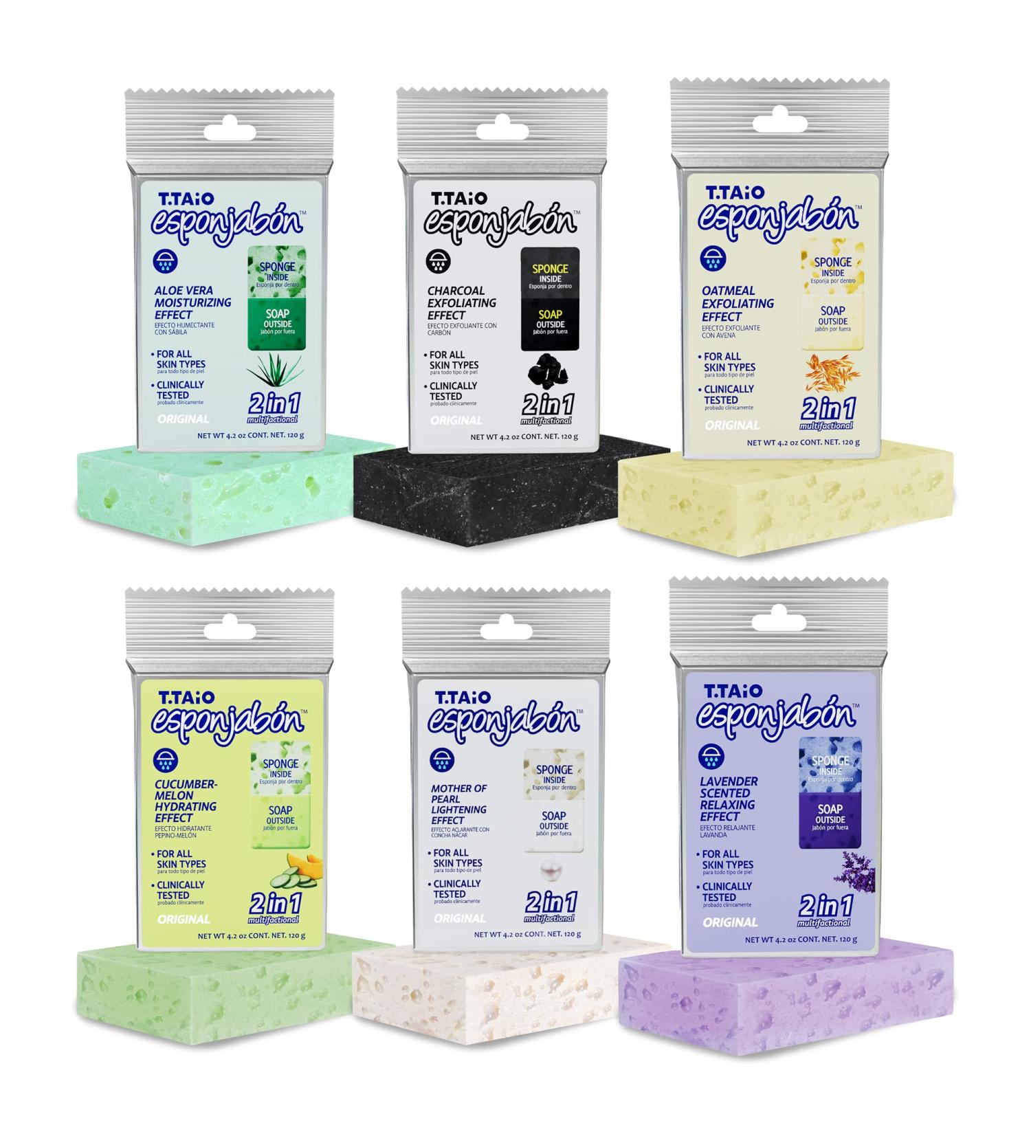 T.Taio Esponjabon Soap Sponge Variety Pack - 6-Pack Shower Sponge & Bath Scrubber Set - Mother of Pearl, Aloe Vera, Lavender, Charcoal, Cucumber-Melon, Oatmeal - Exfoliating Massage Face Sponge - Bathroom Accessories - Buy Online on GoSupps.com