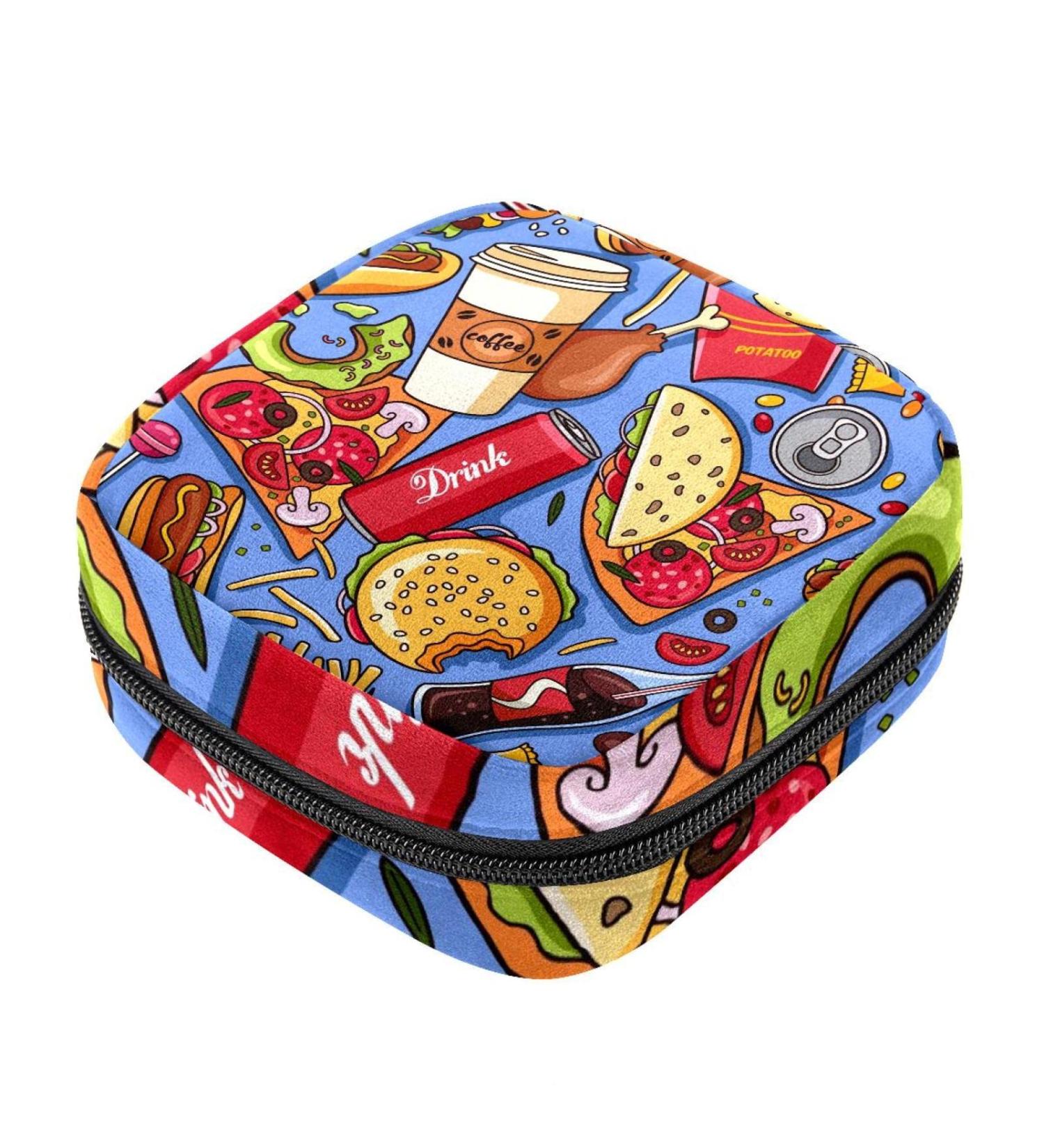 Portable Sanitary Napkin Storage Bag for Women & Teen Girls - Stylish Hamburger Hot Dog Fries Cola Pizza Pattern - Menstrual Cup Holder - Buy Online on GoSupps.com