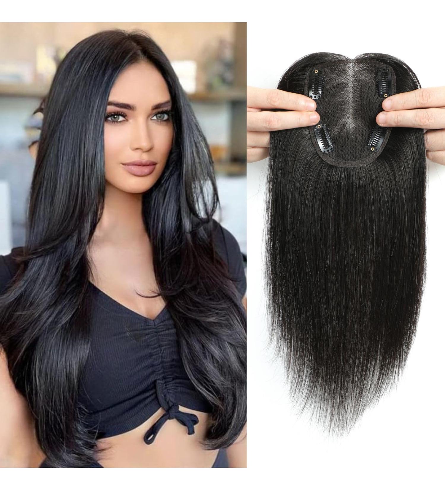 Real Human Hair Topper for Thinning Hair Women - Natural Black 12inch Silk Base Hair Piece - 10x12cm Coverage - 1B# Color - Buy Online on GoSupps.com