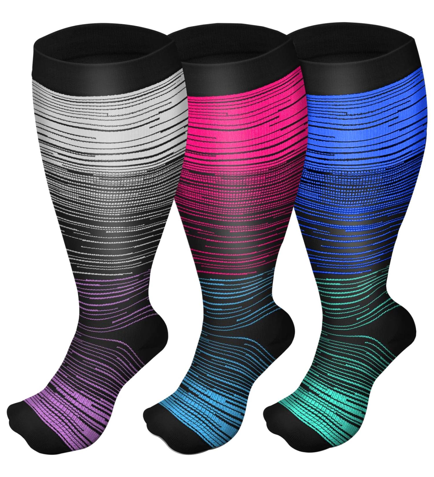 3 Pairs Plus Size Compression Socks (20-30 mmHg) for Women & Men - Wide Calf Knee-High Stockings - 3XL Mixed B - Buy Online on GoSupps.com