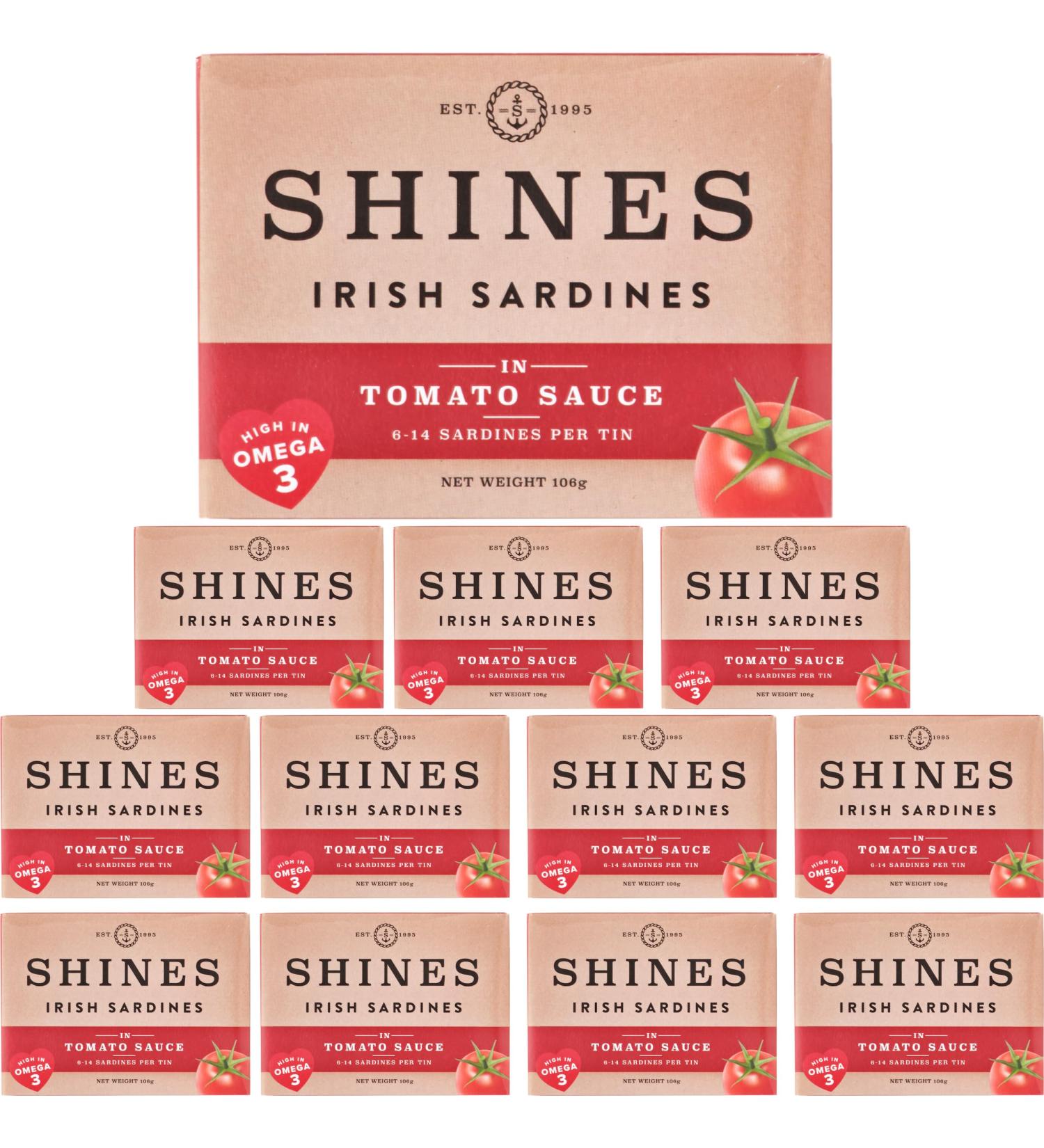 Shines Tinned Irish Sardines in Tomato Sauce - Pilchards - 12 x 106g Cans - Buy Online on GoSupps.com