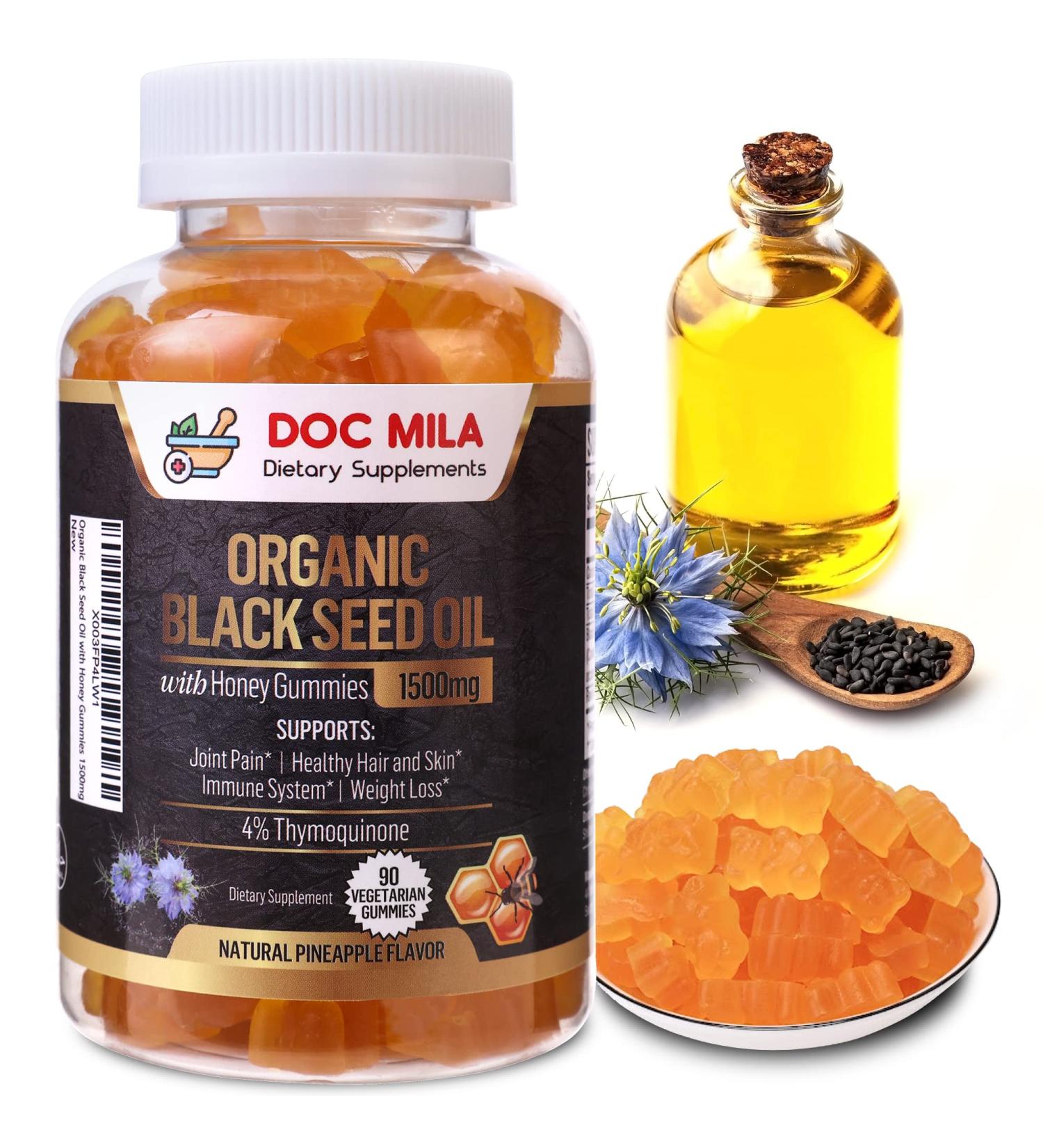 Doc Mila Organic Black Seed Oil Gummies 1500mg with Honey - Pineapple Flavor | Gluten Free, Vegetarian Capsules | Non-GMO Softgels - Buy Online on GoSupps.com