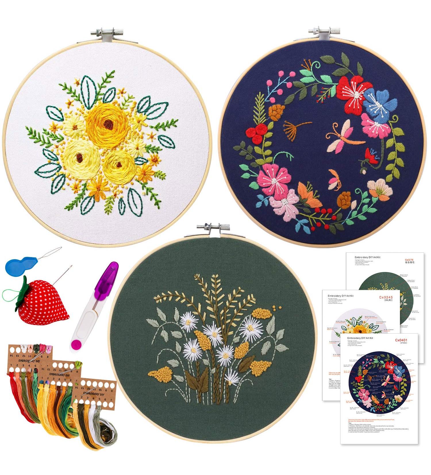 Mocoosy 3 Pack Embroidery Starter Kit for Beginners - Cross Stitch Sets with Pattern, Instructions, Fabric, Hoops, and Threads - Buy Online on GoSupps.com