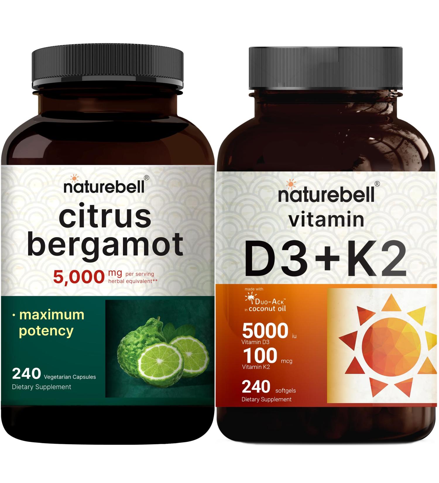 NatureBell Vitamin D3 5 000iu with K2 MK-7 100mcg Softgels & Citrus Bergamot Veggie Capsules 5 000 mg Equivalent Bundle Pack | Bioavailable Virgin Coconut Oil Softgels | High Antioxidant Level - Buy Online on GoSupps.com