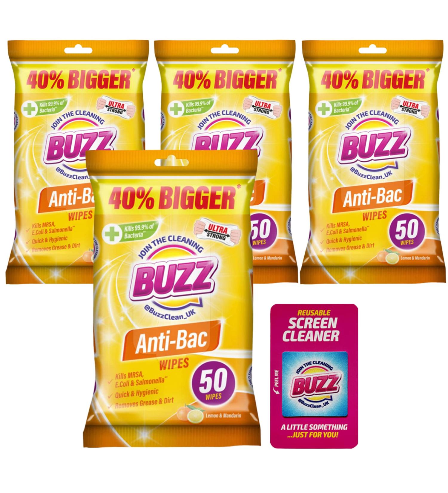 Buzz Antibacterial Wipes - 200pk Lemon Scented | Kills 99.9% of Bacteria | Anti bac Kitchen & Surface Cleaning Wipes - Buy Online on GoSupps.com