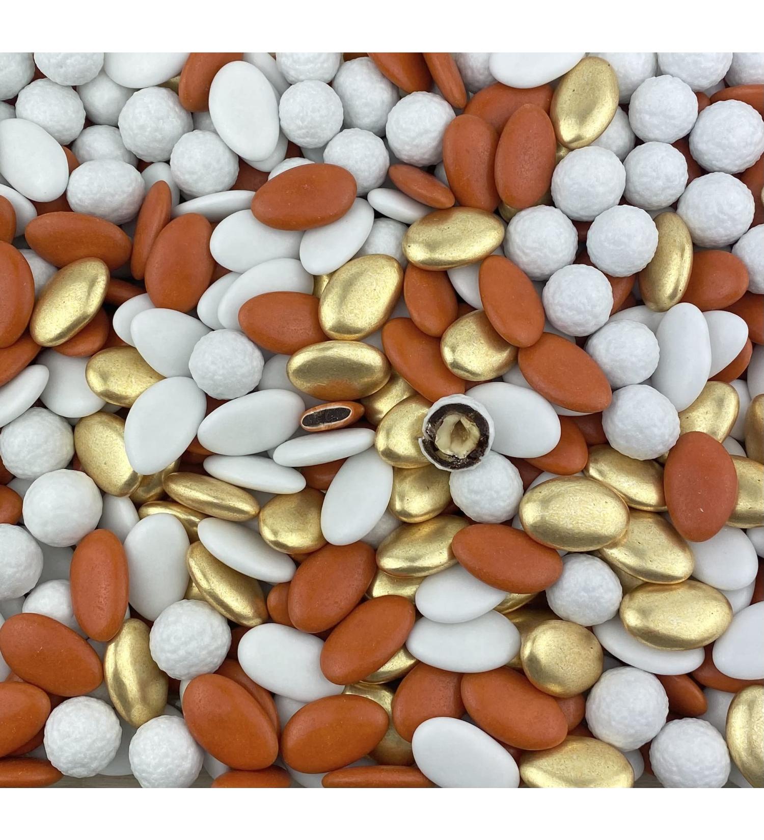 Chocolate dragees variation Terracotta and white and gold Hazelnut white chocolate 1kg - cheap quality - about 240 dragees
