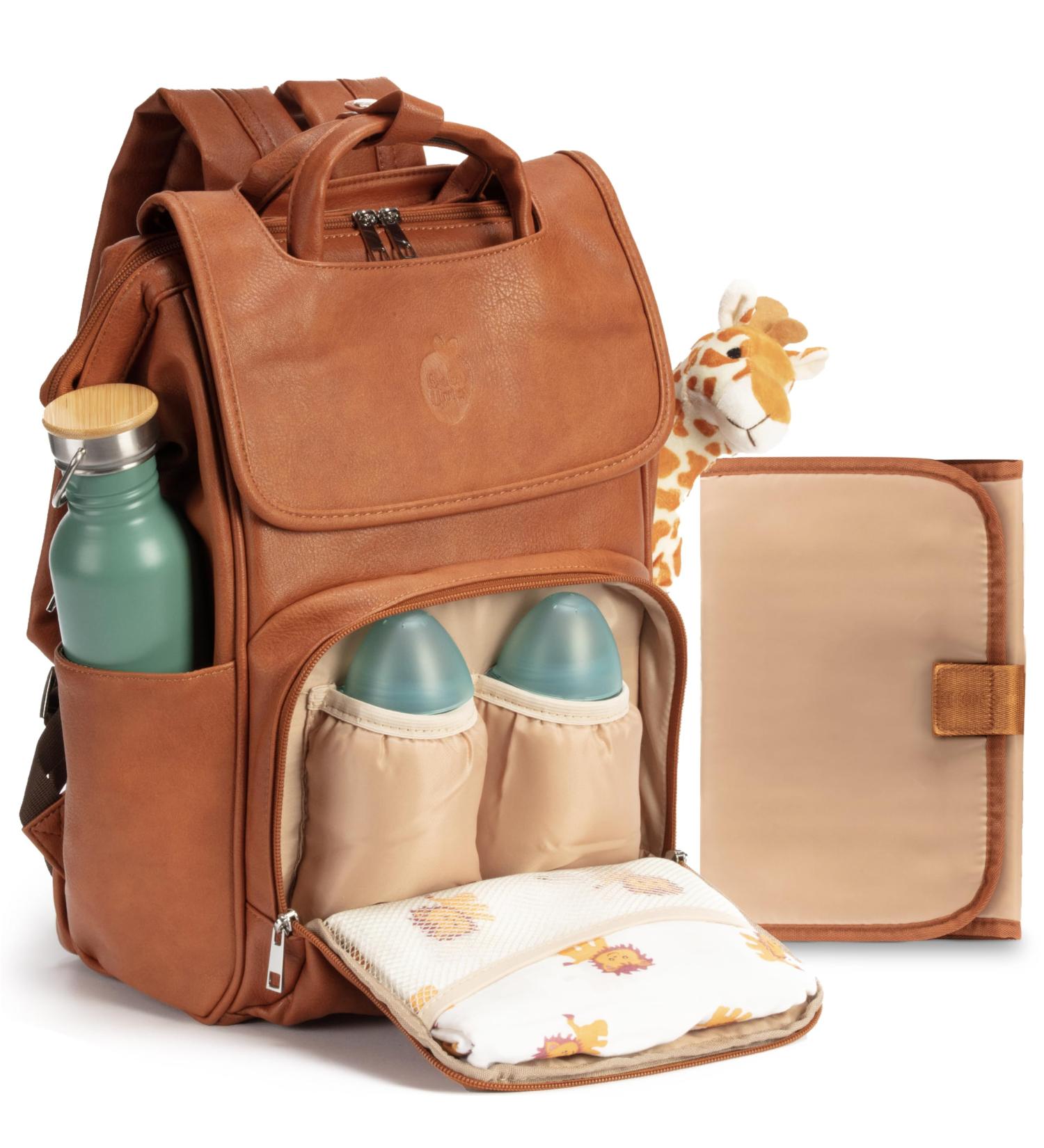 Baby Uma Diaper Bag with Diaper Pad | Large Capacity Backpack with Insulated Bottle Holders & Laptop Compartment | Stylish Synthetic Leather Stroller Bag in Camel Brown - Buy Online on GoSupps.com