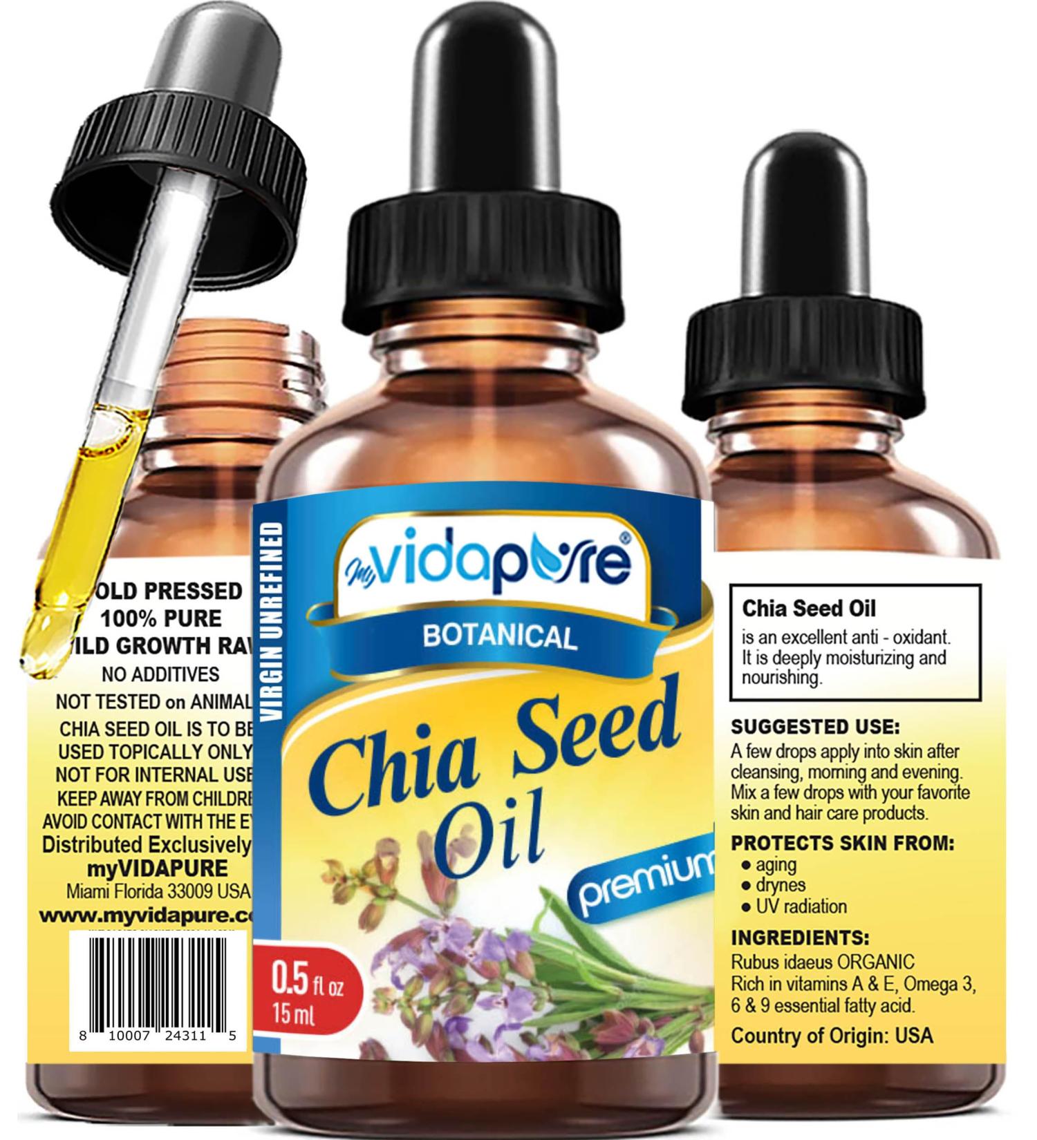 MYVIDAPURE CHIA SEED OIL Pure Natural Undiluted Refined Cold Pressed Carrier Oil for Skin Face Hair Lip and Nail Care Anti-Aging (0.5 Fl Oz) 0.5 Fl Oz (Pack of 1) - Buy Online on GoSupps.com