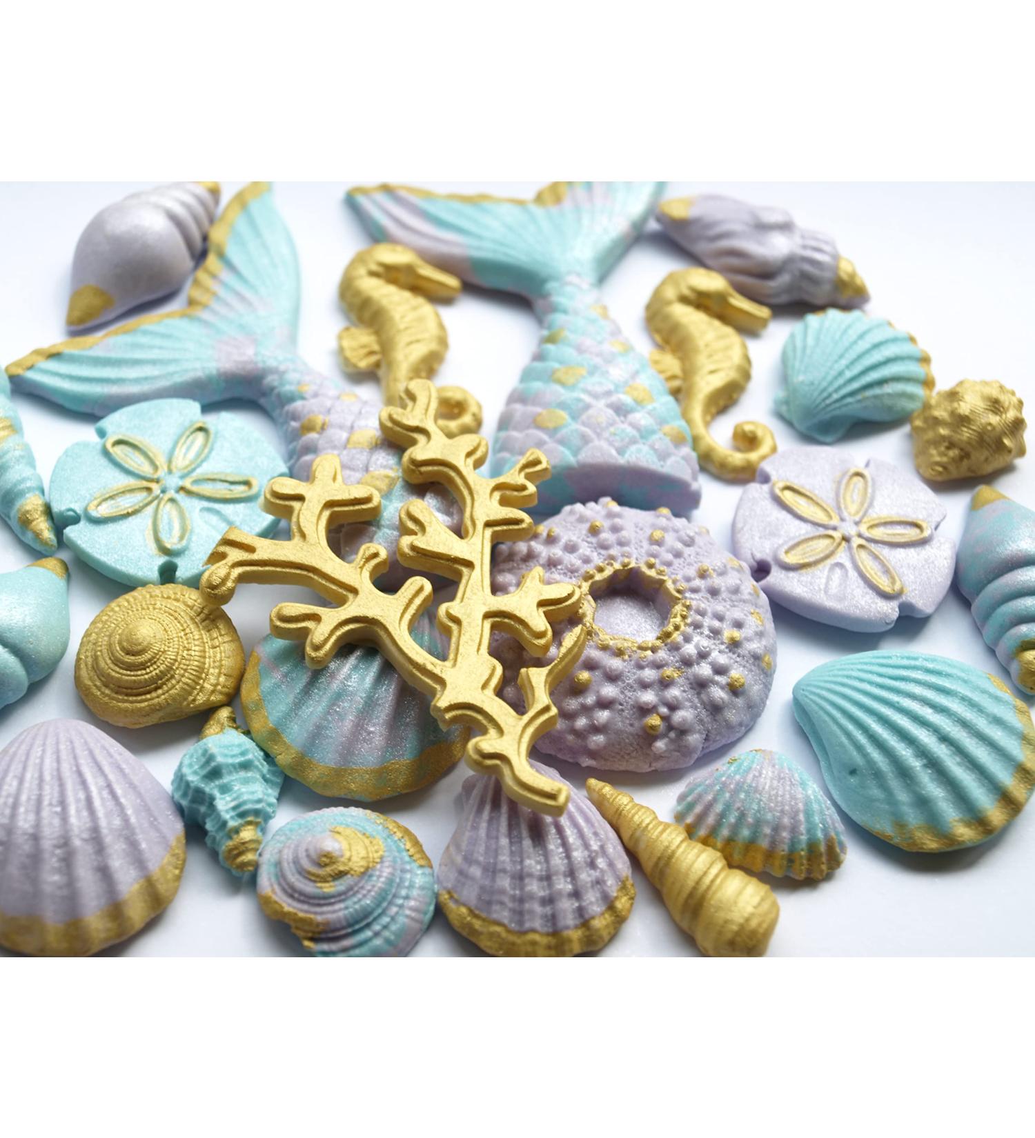 25x Edible Mermaid Tail Seashells Coral & Seahorse - Fondant Cake Topper Decoration colours: Light Purple Teal and Gold - Buy Online on GoSupps.com
