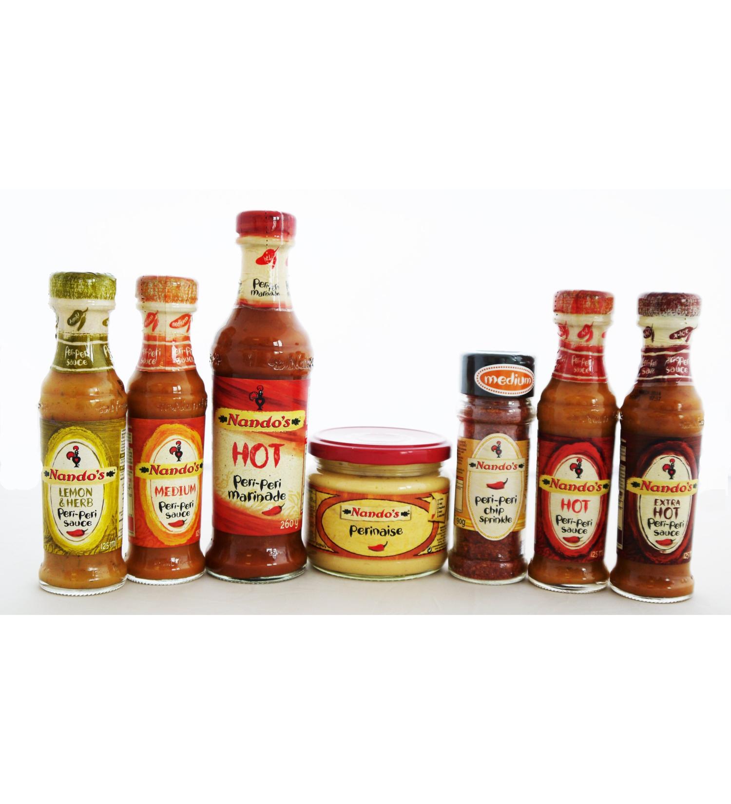 Nandos Peri Peri - Hot Marinade, Perinaise, Peri Peri Chip Sprinkles, Lemon & Herb (Mild), Medium, Hot AND Extra Hot Sauce. by N/A