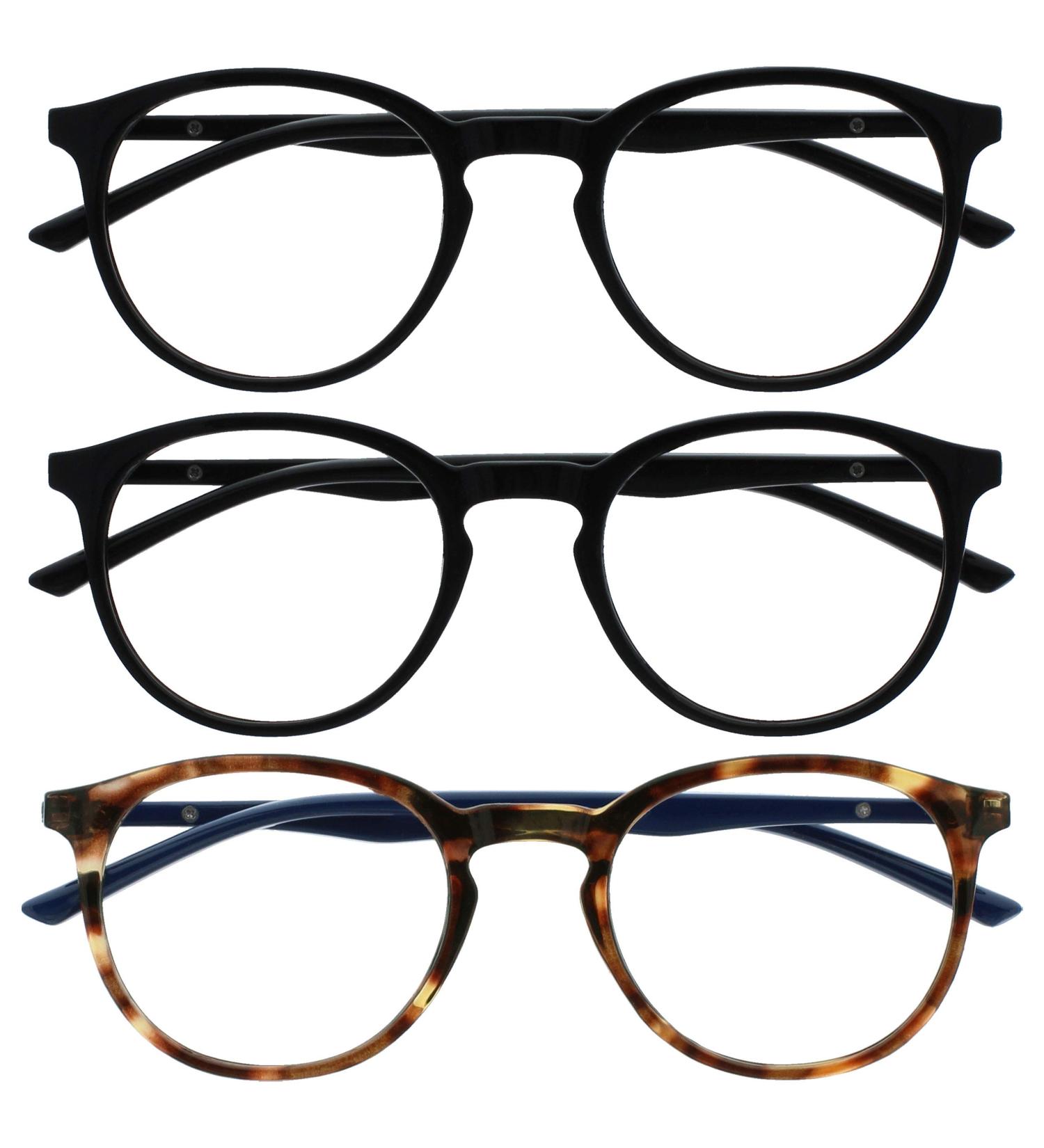 Opulize MET Blue Light Filter Reading Glasses - 3 Pack Slim Round Frame with Spring Hinges for Men - +2.50 Diopter - Black/Brown - Improve Sleep & Gaming Comfort - Buy Online on GoSupps.com
