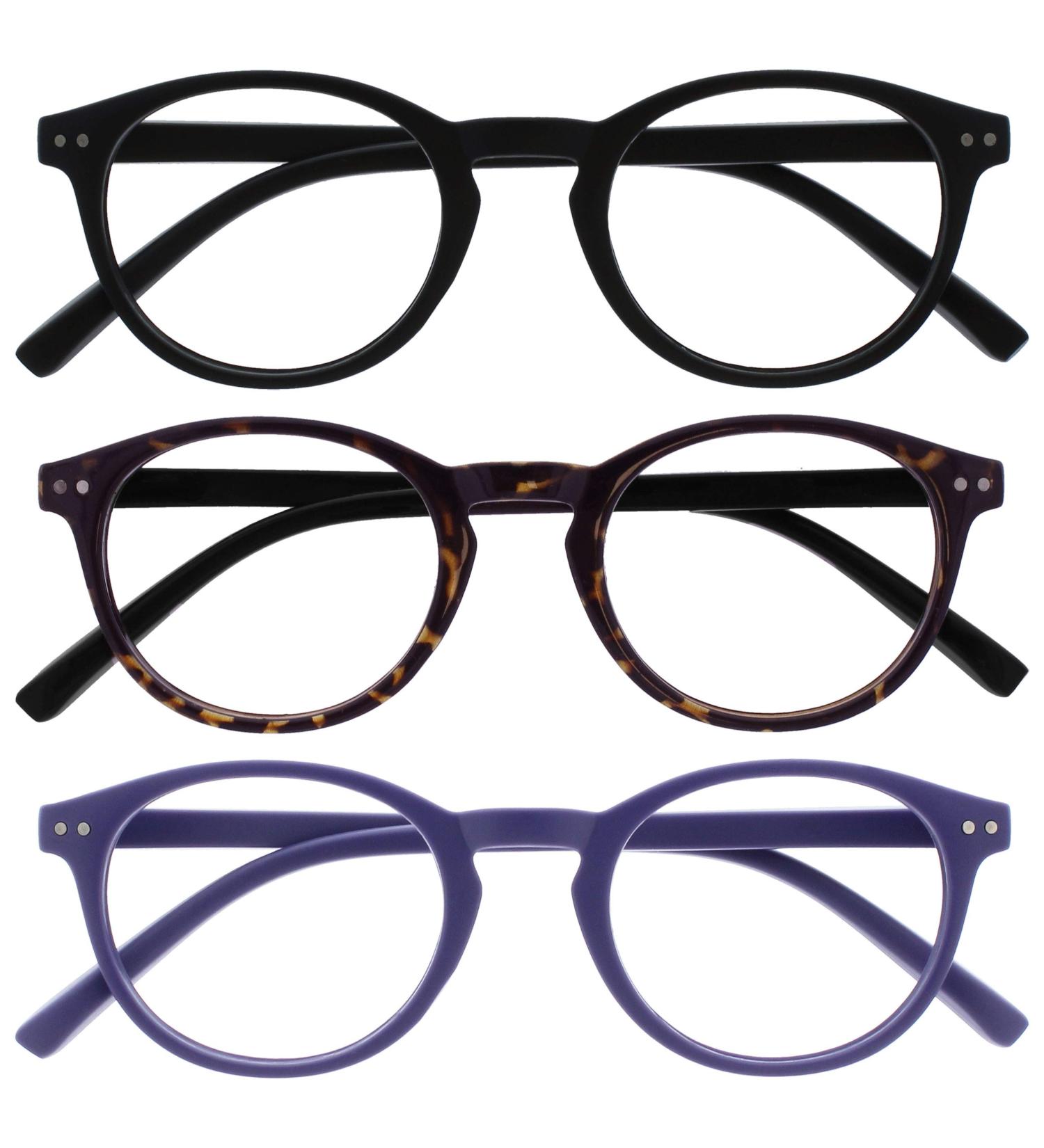 Opulize Zen Reading Glasses 3-Pack | Small Round Frame Scratch-Resistant +2.50 Diopters Matt Black Dark Brown & Purple for Men & Women - Buy Online on GoSupps.com