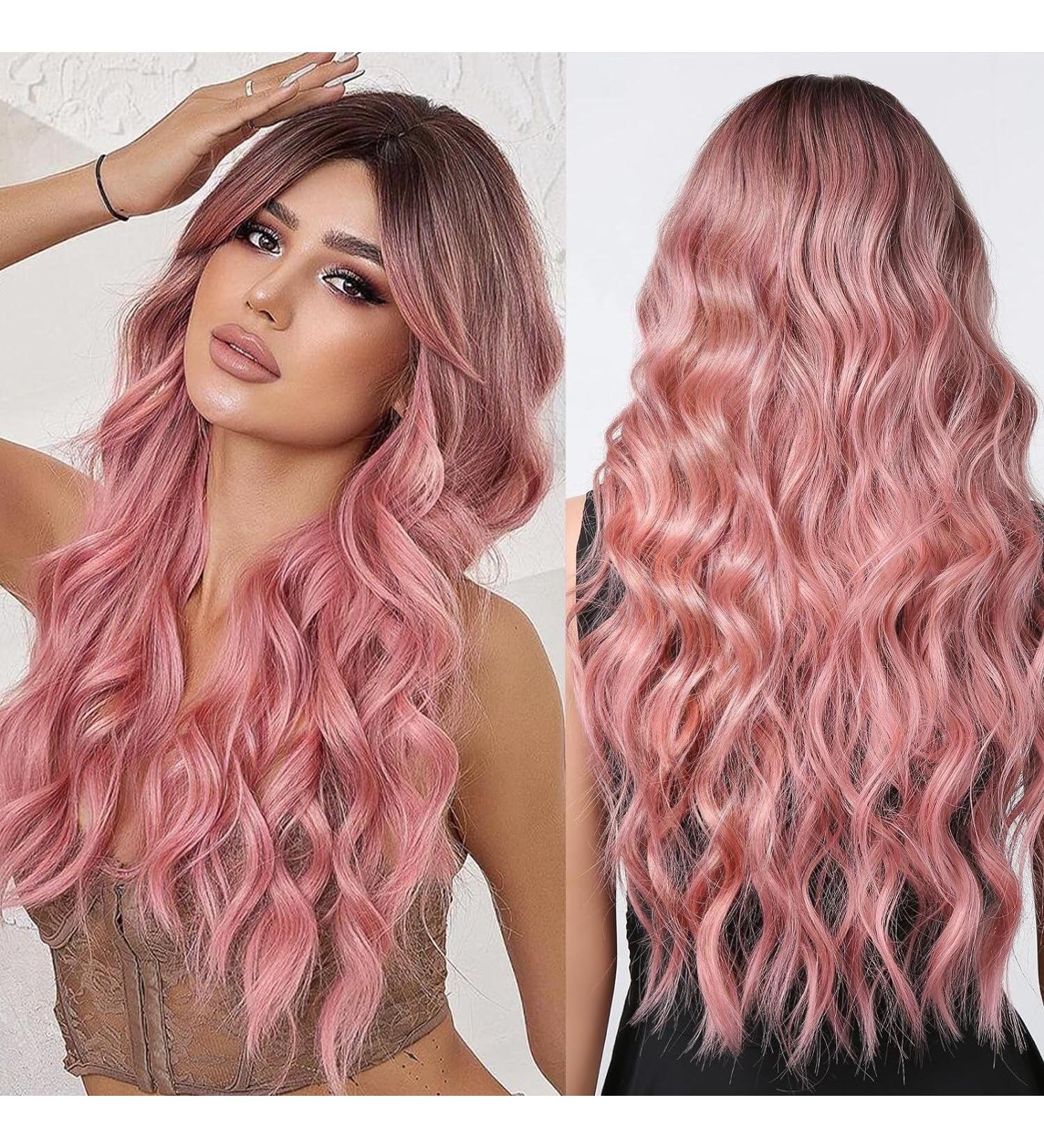 Wokestar Long Pink Synthetic Hair Wig with Curtain Fringe for Women - Buy Online on GoSupps.com