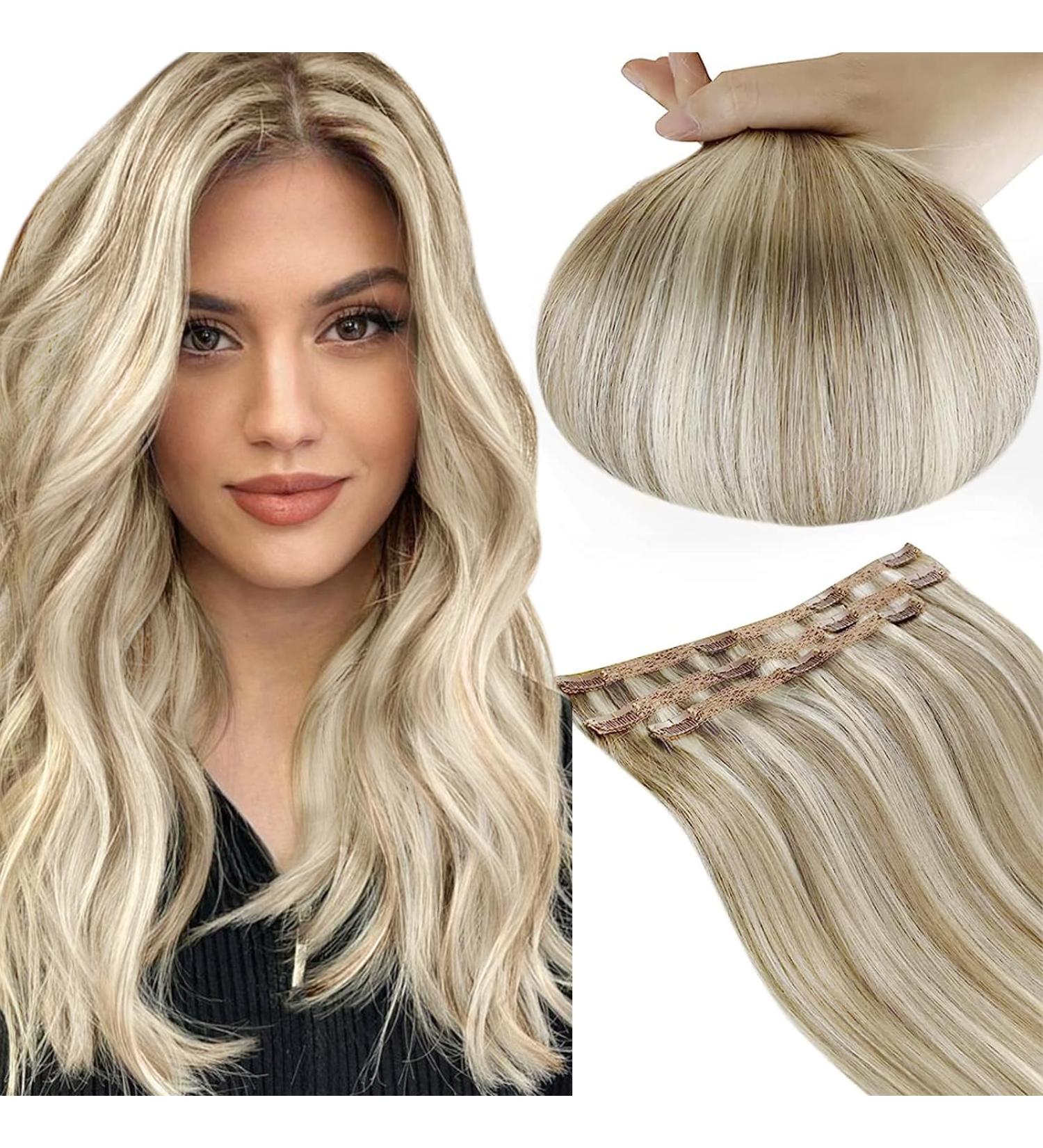 Runature Real Hair Extensions - Clip-In Remy Hair - Ash Brown & Platinum Blonde - Double Tresse - 16 Inch (50cm) - #8P60 - Silky & Natural 3Pcs - Buy Online on GoSupps.com