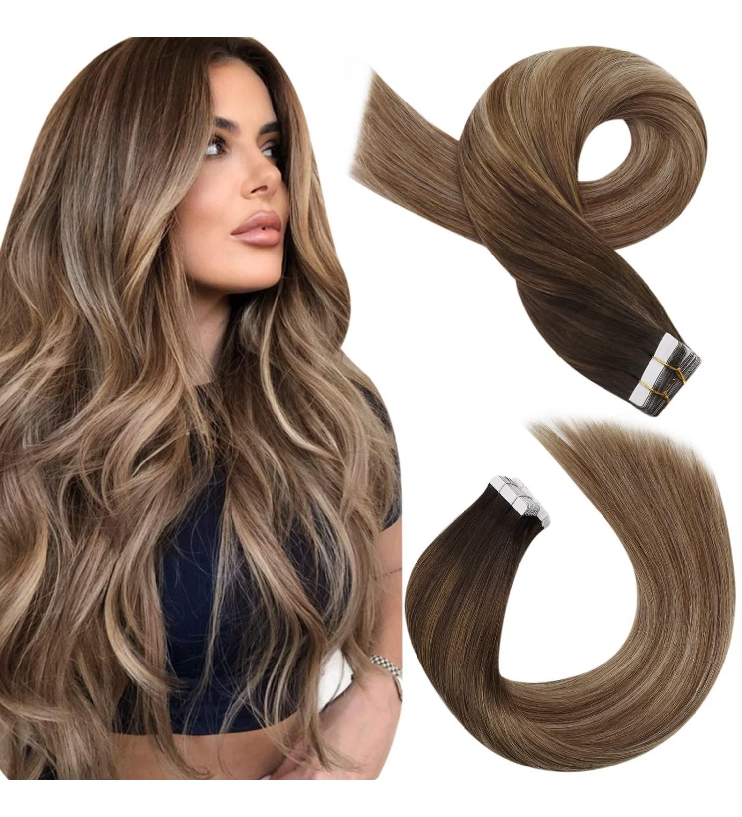 Moresoo Ombre Tape in Human Hair Extensions - Balayage Brown Root to Light Brown/Dark Honey Blonde - 16 Inch 20 Pieces - Buy Online on GoSupps.com