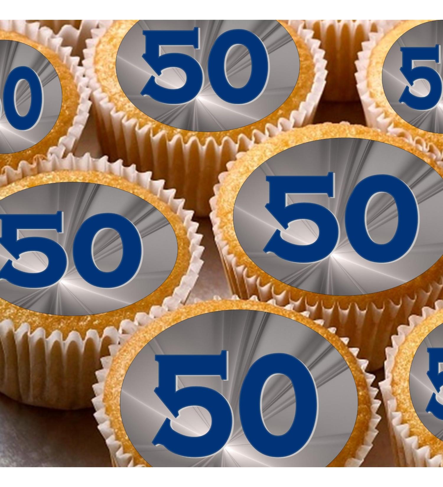 24 50th blue grey silver edible party decorations Iced/Icing Cupcake Topper Edible Fairy Cake Bun Toppers Round