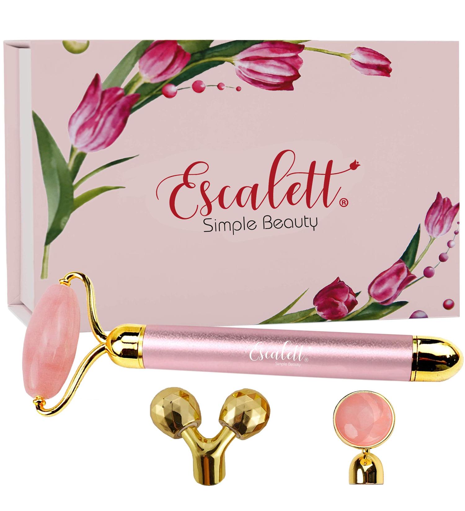 Rose Quartz Face Roller Massager Set for Women - Electric Vibrating Facial Tool for Under-Eyes Press & Body Contouring - Pink Beauty Kit - Buy Online on GoSupps.com