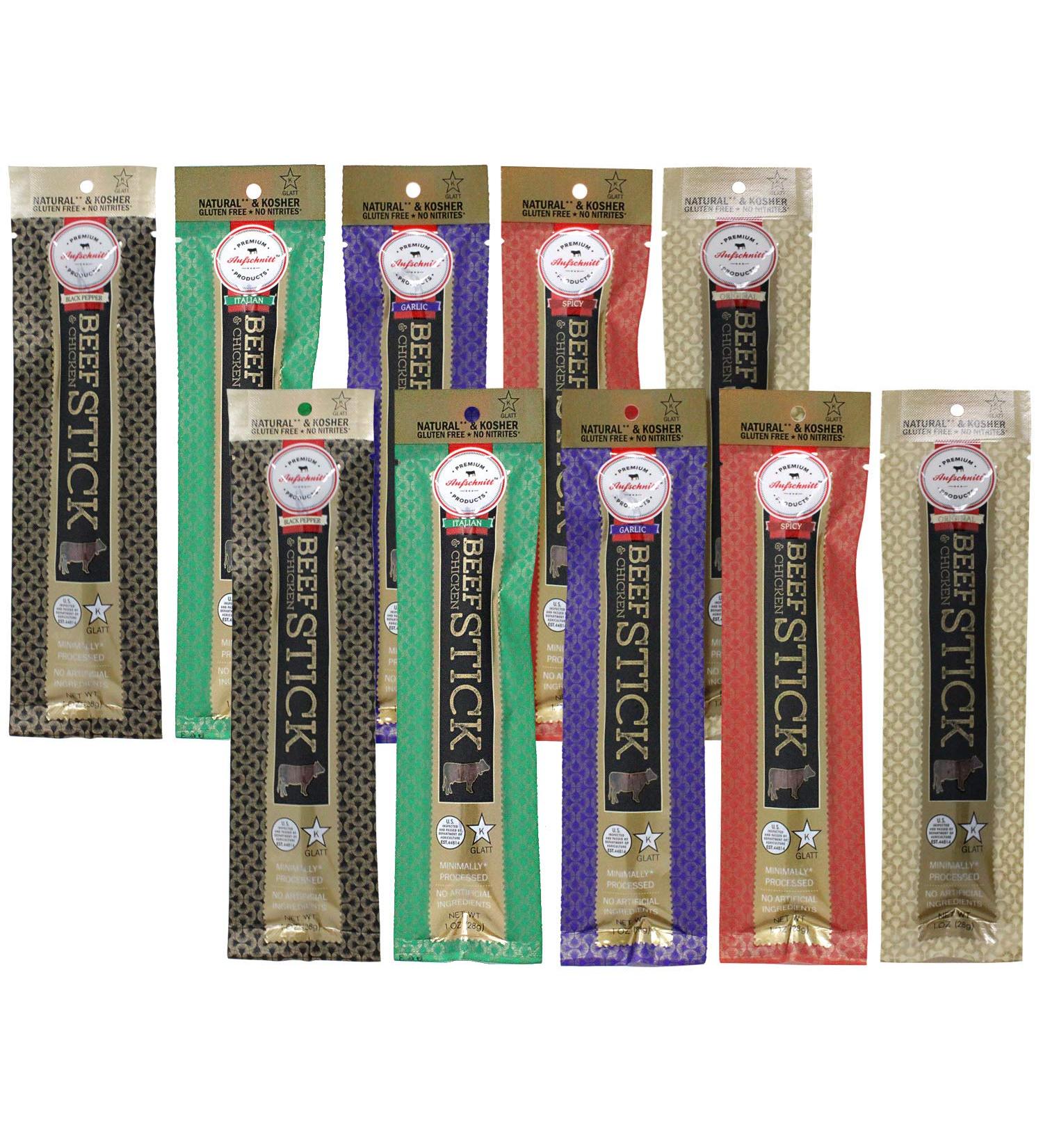 Aufschnitt All Natural Kosher Gluten Free Beef and Chicken Sticks Variety Pack - 1 oz 10 Pack, No Nitrates, Star-K Certified Kosher - Buy Online on GoSupps.com
