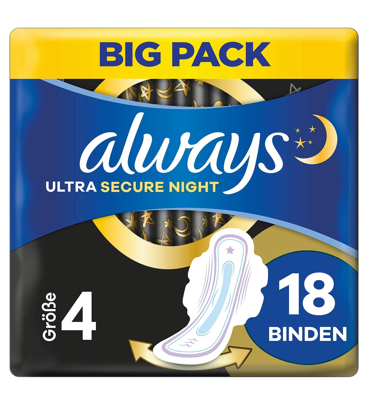Always Ultra Secure Night Size 4 - Super Absorbent Women's Pads with Wings Odor Neutralizing Big Pack of 18 - Buy Online on GoSupps.com