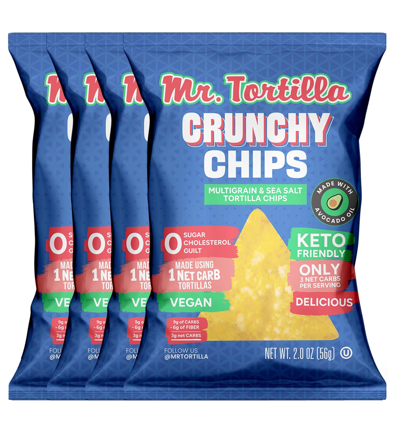 Mr. Tortilla Crunchy Chips - Multigrain & Sea Salt Keto-Friendly Snack - 3 Net Carbs - Avocado Oil Cooked - Vegan & Kosher - Pack of 4 (2 oz Bags) - Buy Online on GoSupps.com