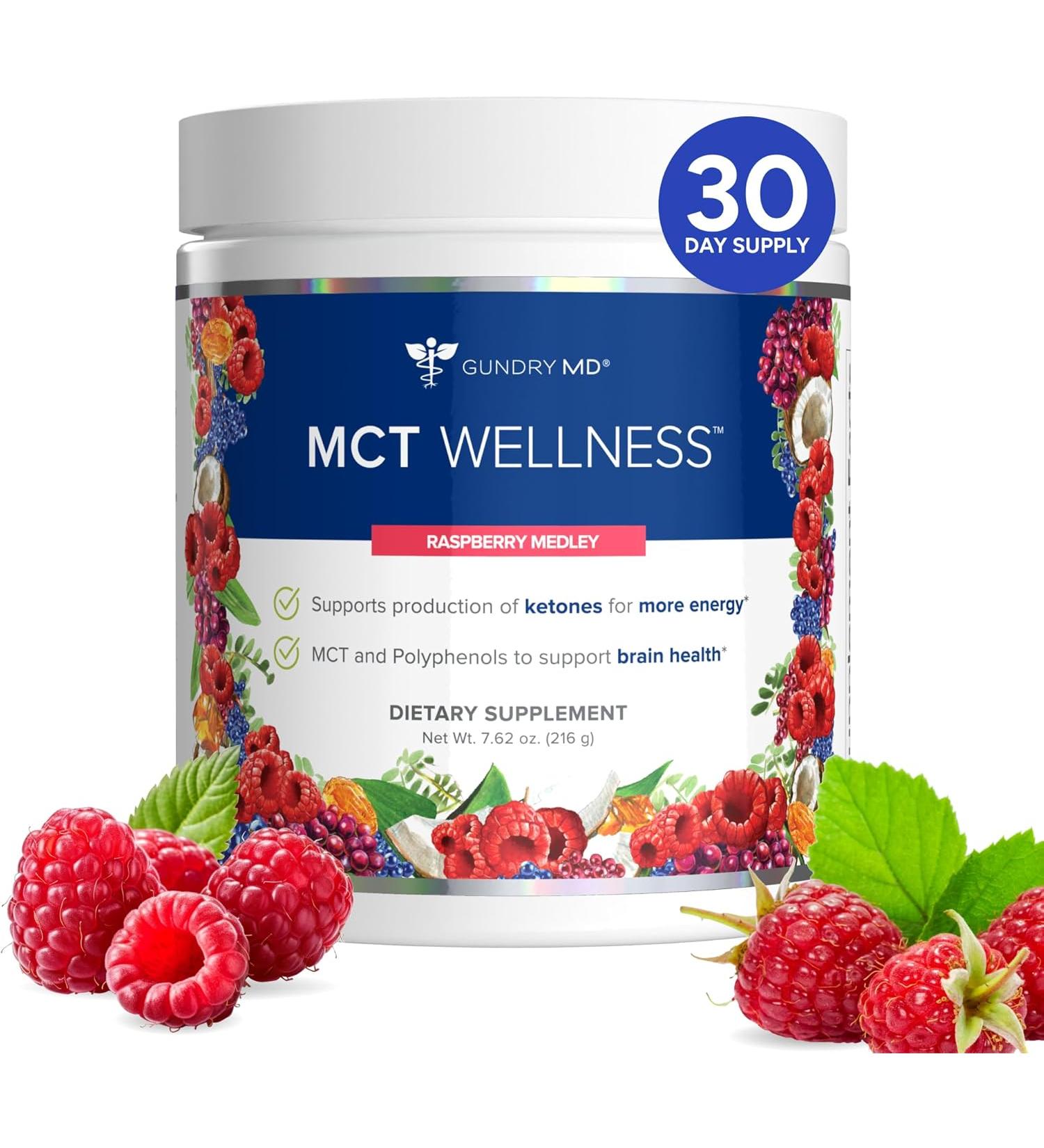 Gundry MD MCT Wellness Powder - Raspberry Medley Flavor | Energy & Ketone Production | Brain Health Support | Keto Friendly & Sugar Free | 30 Servings - Buy Online on GoSupps.com